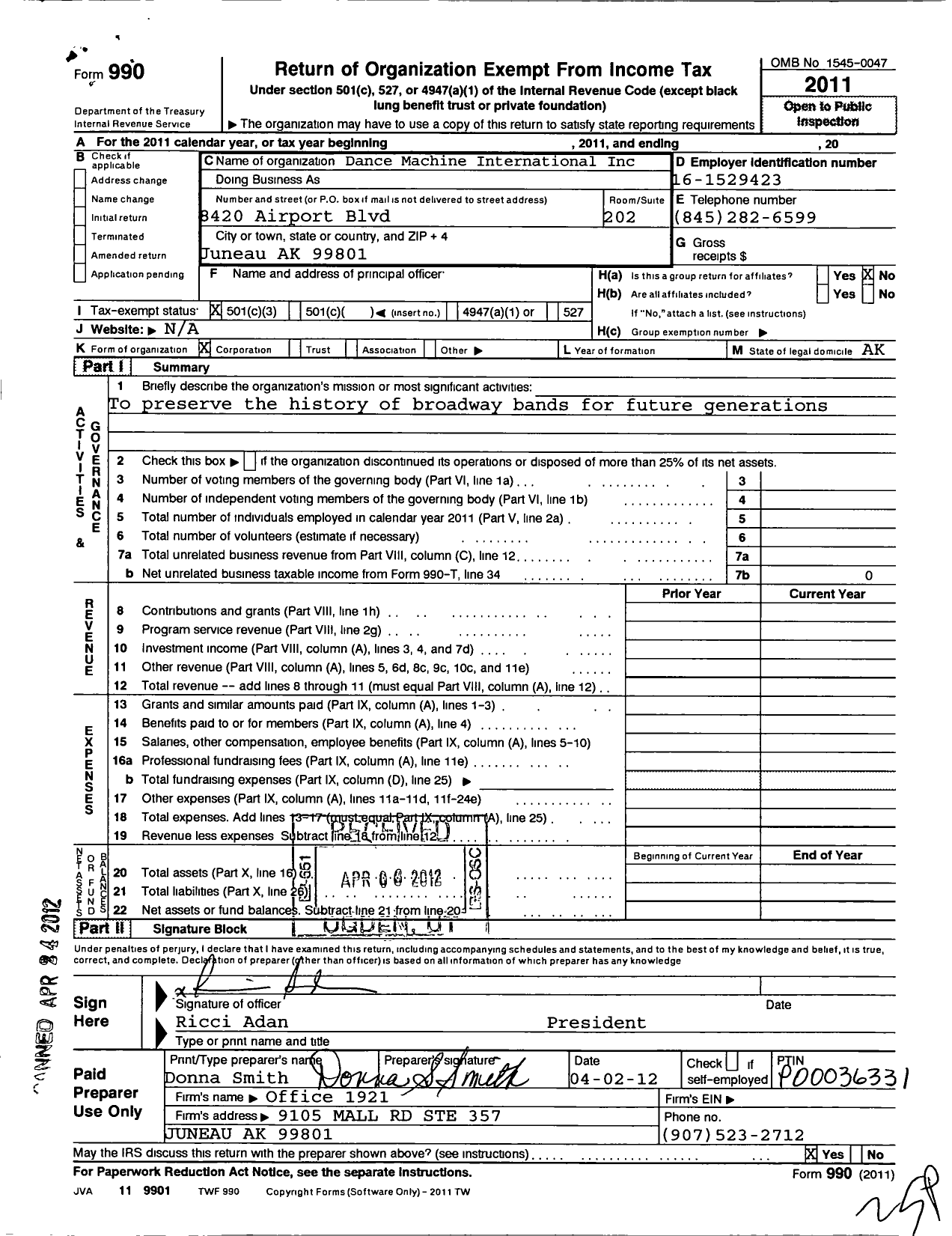 Image of first page of 2011 Form 990 for Dance Machine International