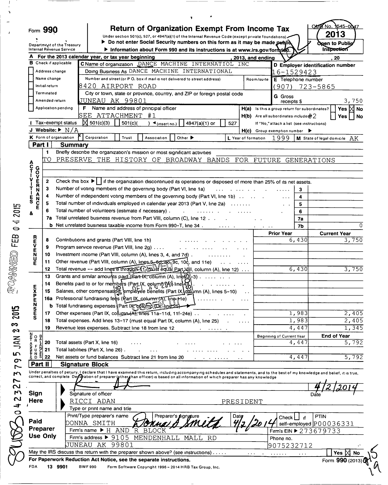 Image of first page of 2013 Form 990 for Dance Machine International