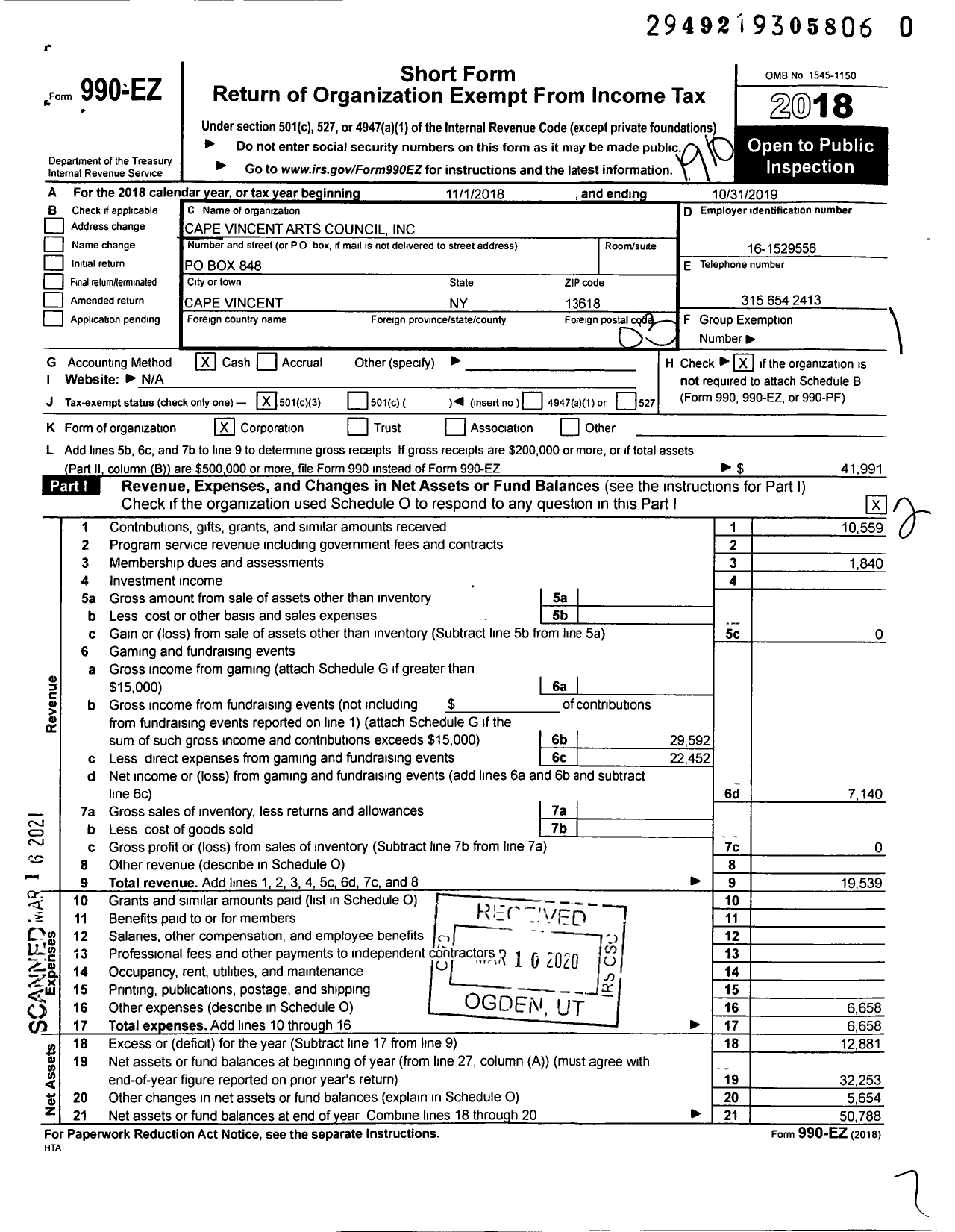 Image of first page of 2018 Form 990EZ for Cape Vincent Arts Council