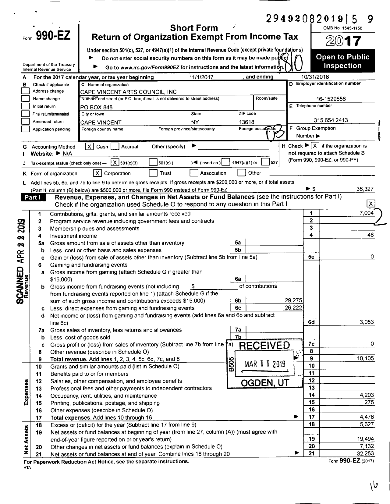 Image of first page of 2017 Form 990EZ for Cape Vincent Arts Council