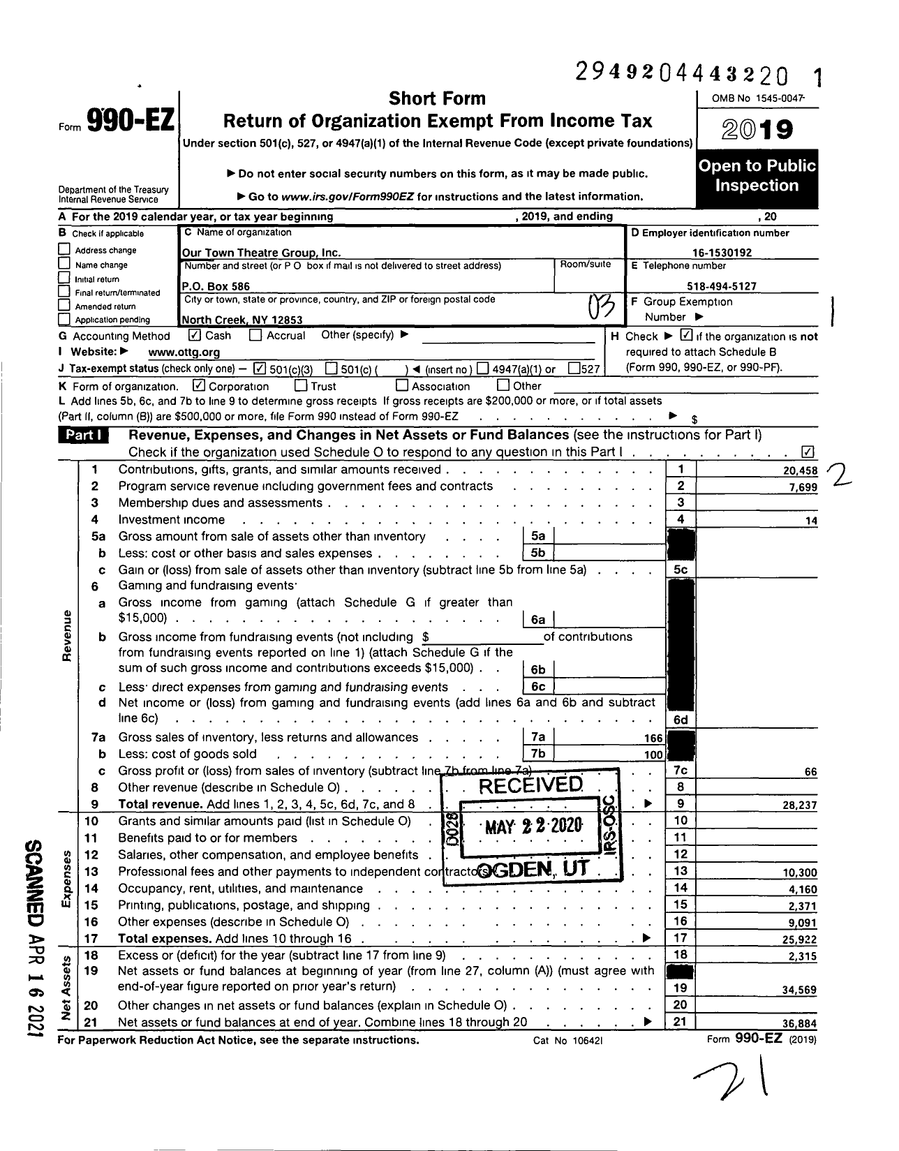 Image of first page of 2019 Form 990EZ for Our Town Theatre Group