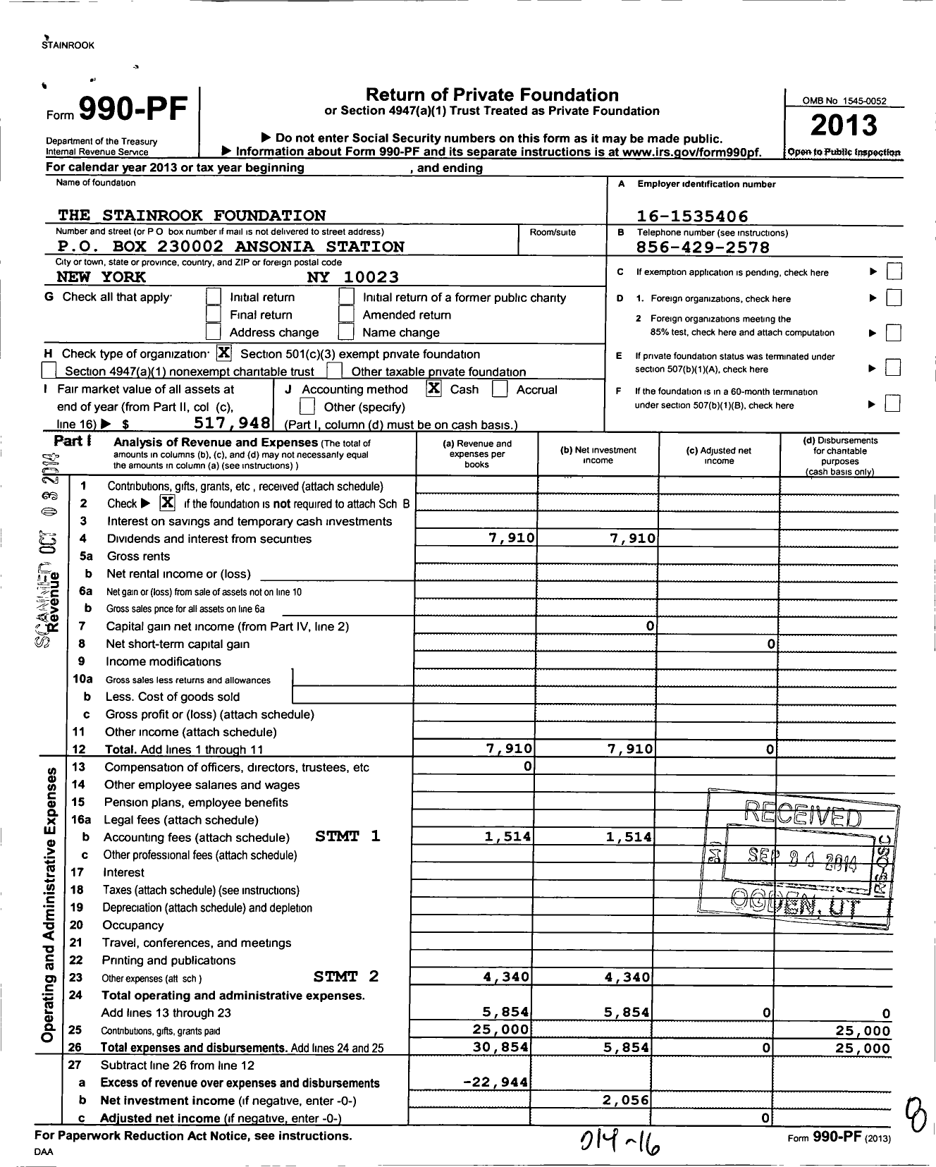 Image of first page of 2013 Form 990PF for The Stainrook Foundation