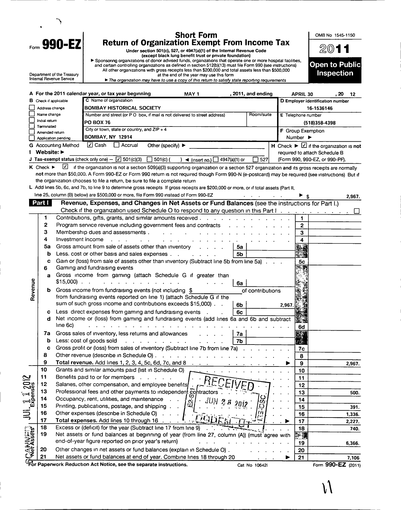 Image of first page of 2011 Form 990EZ for Bombay Historical Society