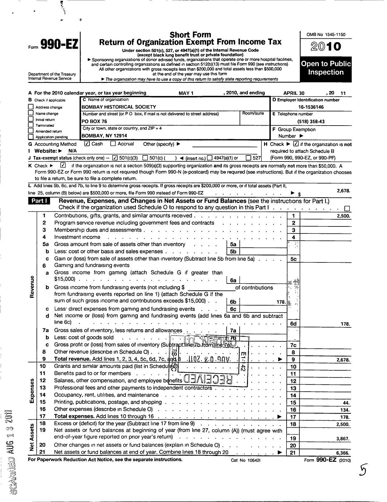 Image of first page of 2010 Form 990EZ for Bombay Historical Society