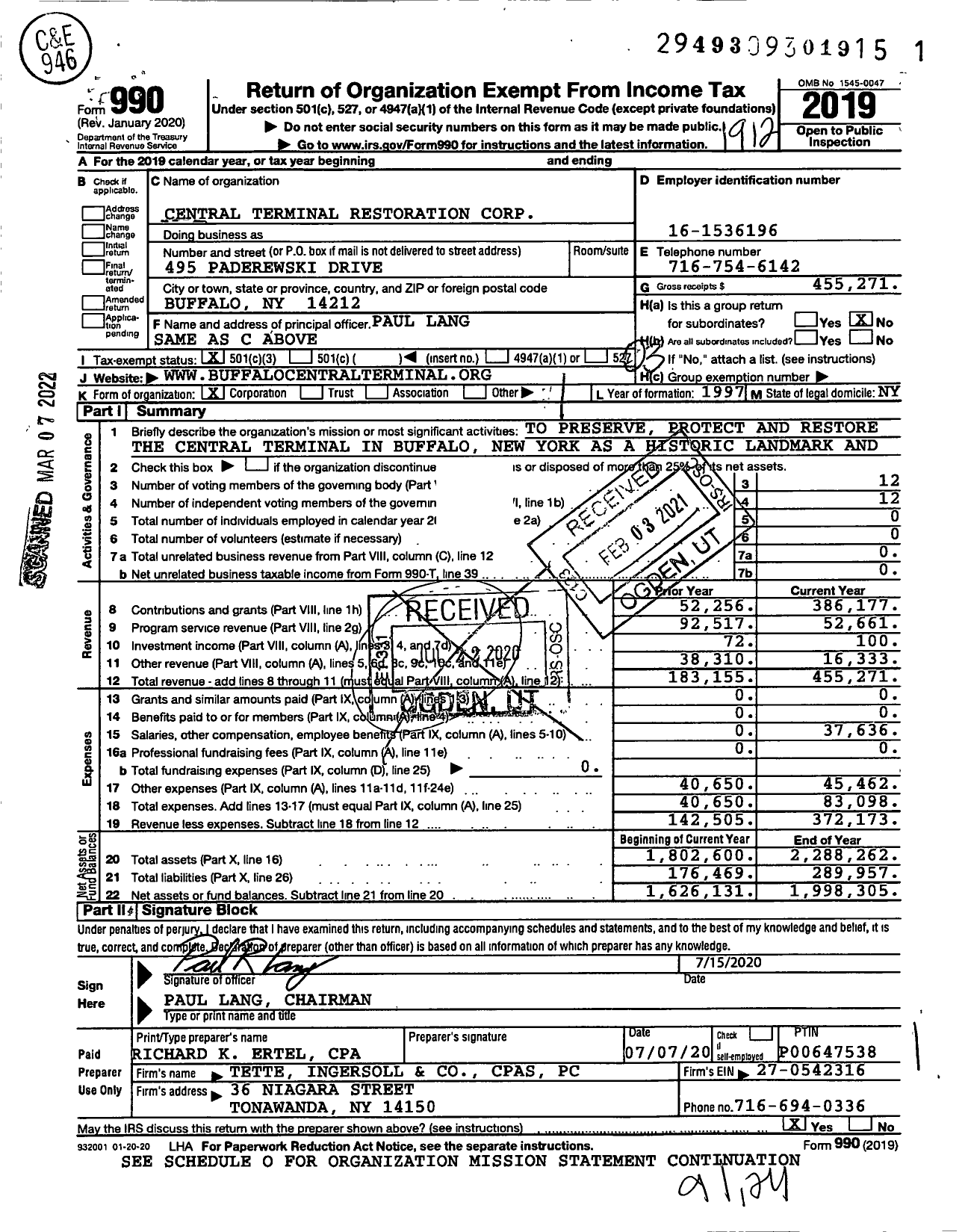 Image of first page of 2019 Form 990 for Central Terminal Restoration Corporation