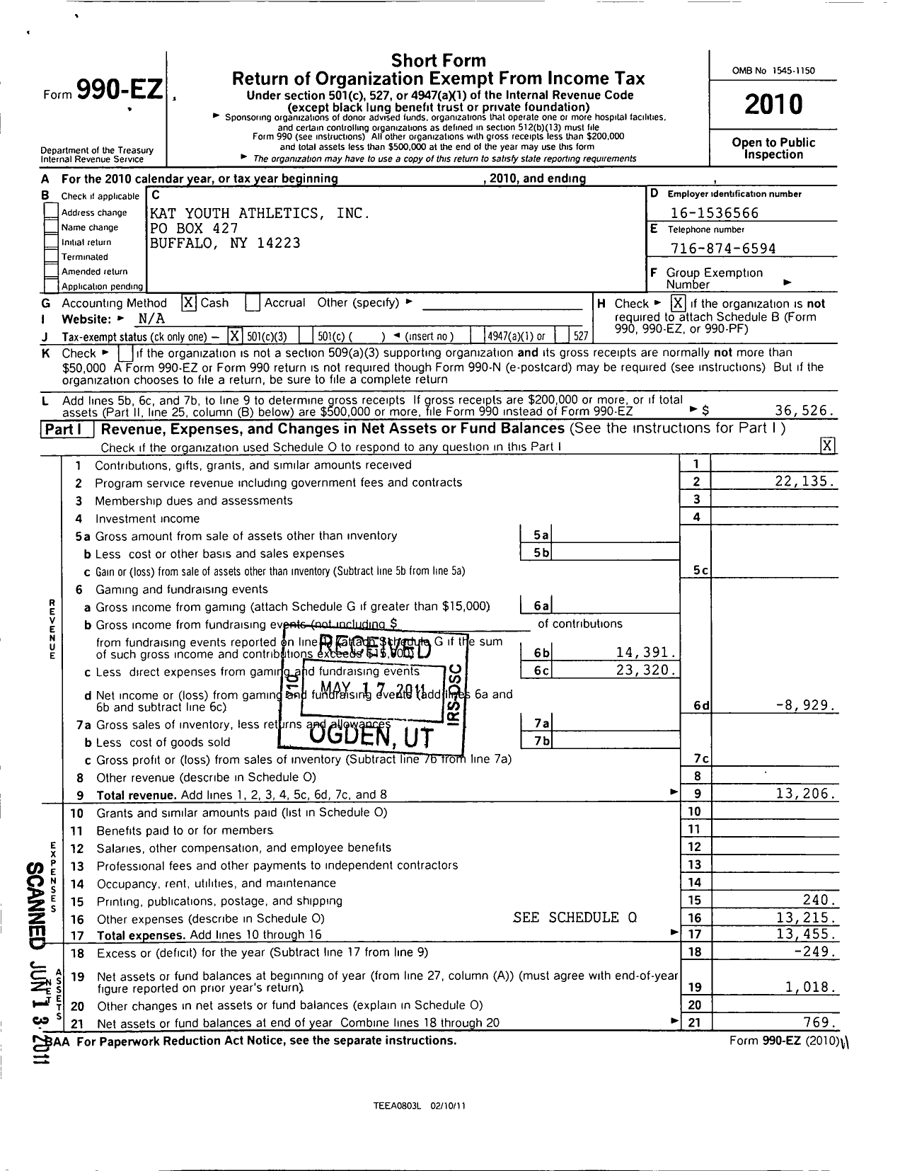 Image of first page of 2010 Form 990EZ for Kat Youth Athletics