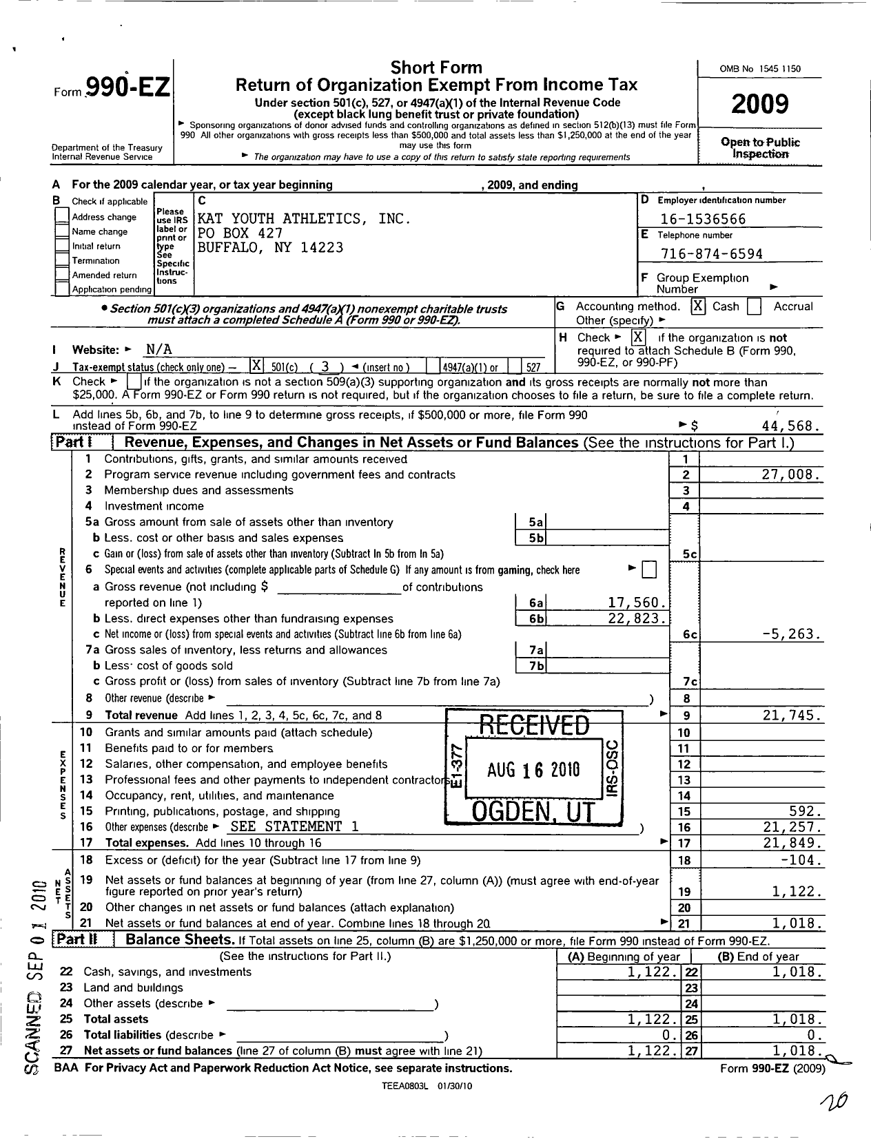 Image of first page of 2009 Form 990EZ for Kat Youth Athletics