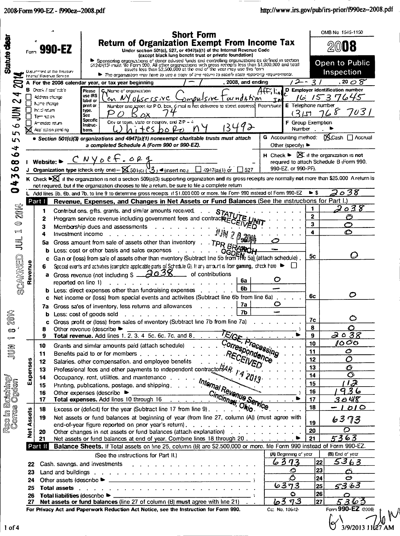 Image of first page of 2008 Form 990EZ for Central New York Obsessive Compulsive Foundation Affiliate in