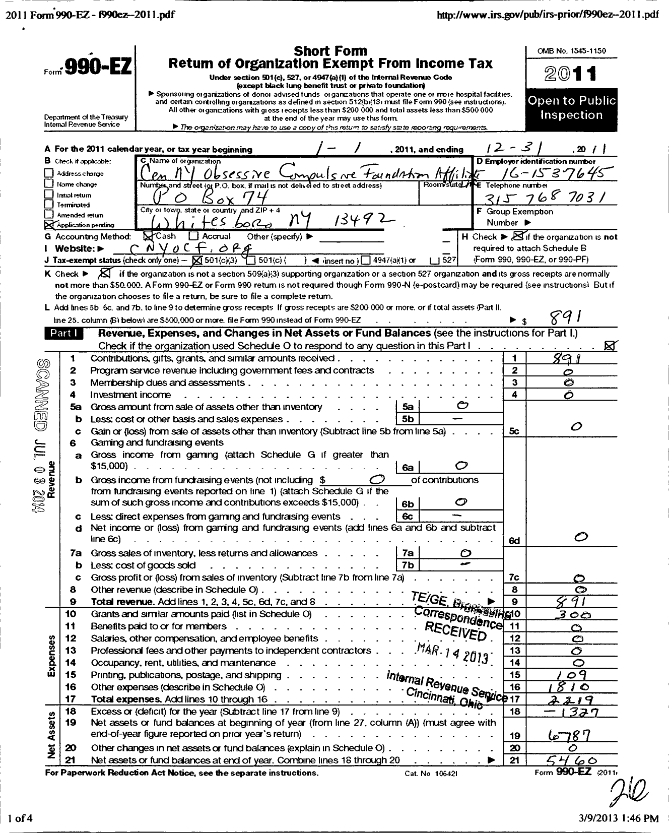 Image of first page of 2011 Form 990EZ for Central New York Obsessive Compulsive Foundation Affiliate in