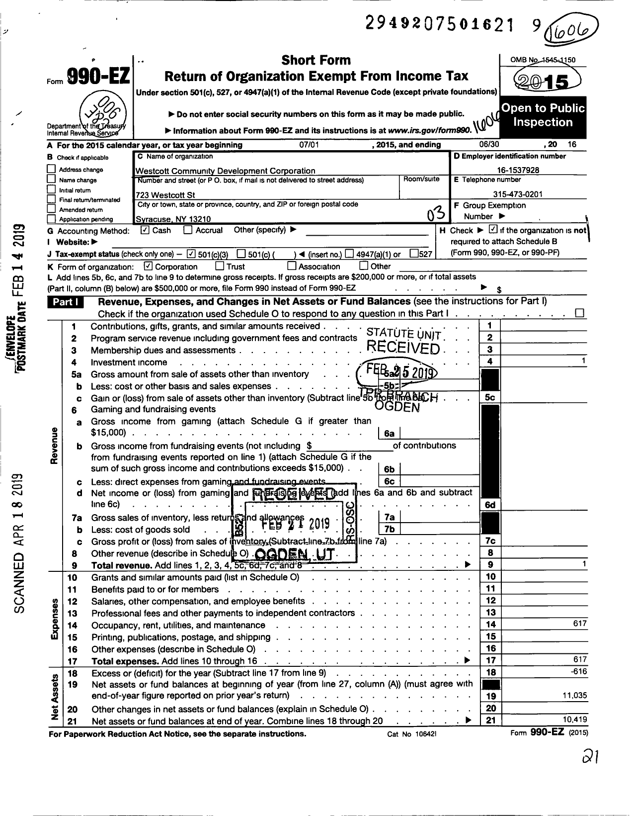 Image of first page of 2015 Form 990EZ for Inclusive Economy Cny