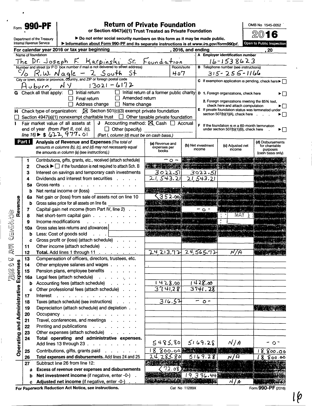 Image of first page of 2016 Form 990PF for The Dr Joseph F Karpinski SR Foundation