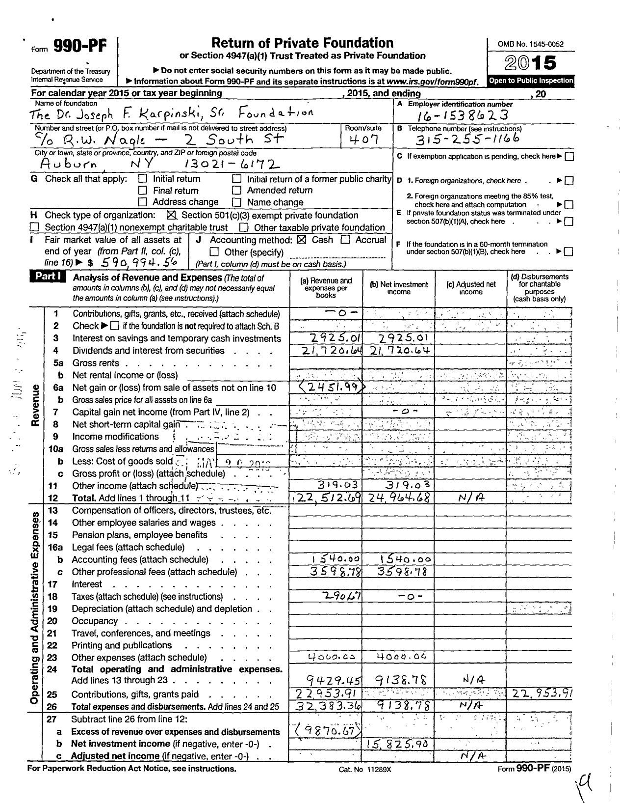Image of first page of 2015 Form 990PF for The Dr Joseph F Karpinski SR Foundation