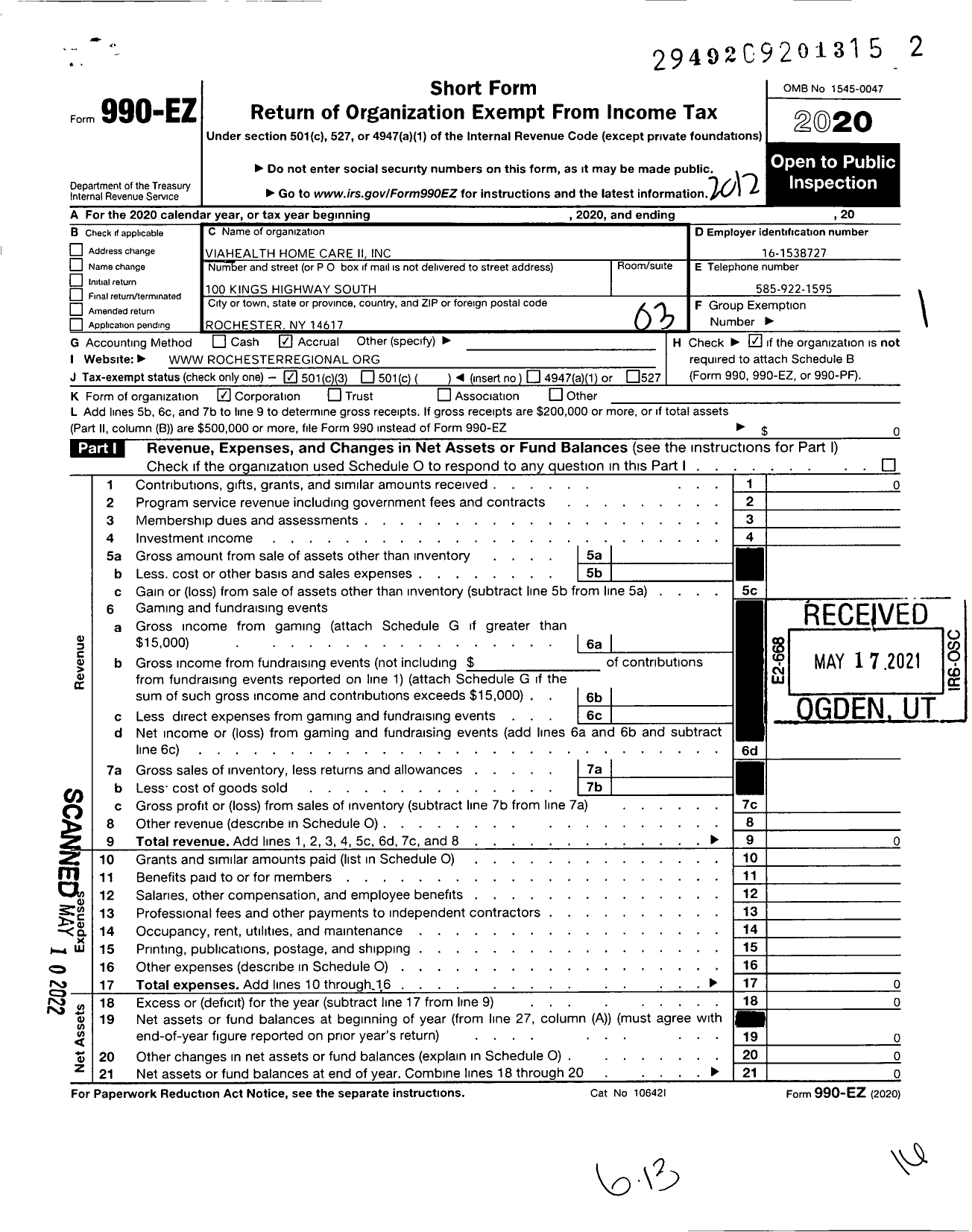 Image of first page of 2020 Form 990EZ for Viahealth Home Care Ii