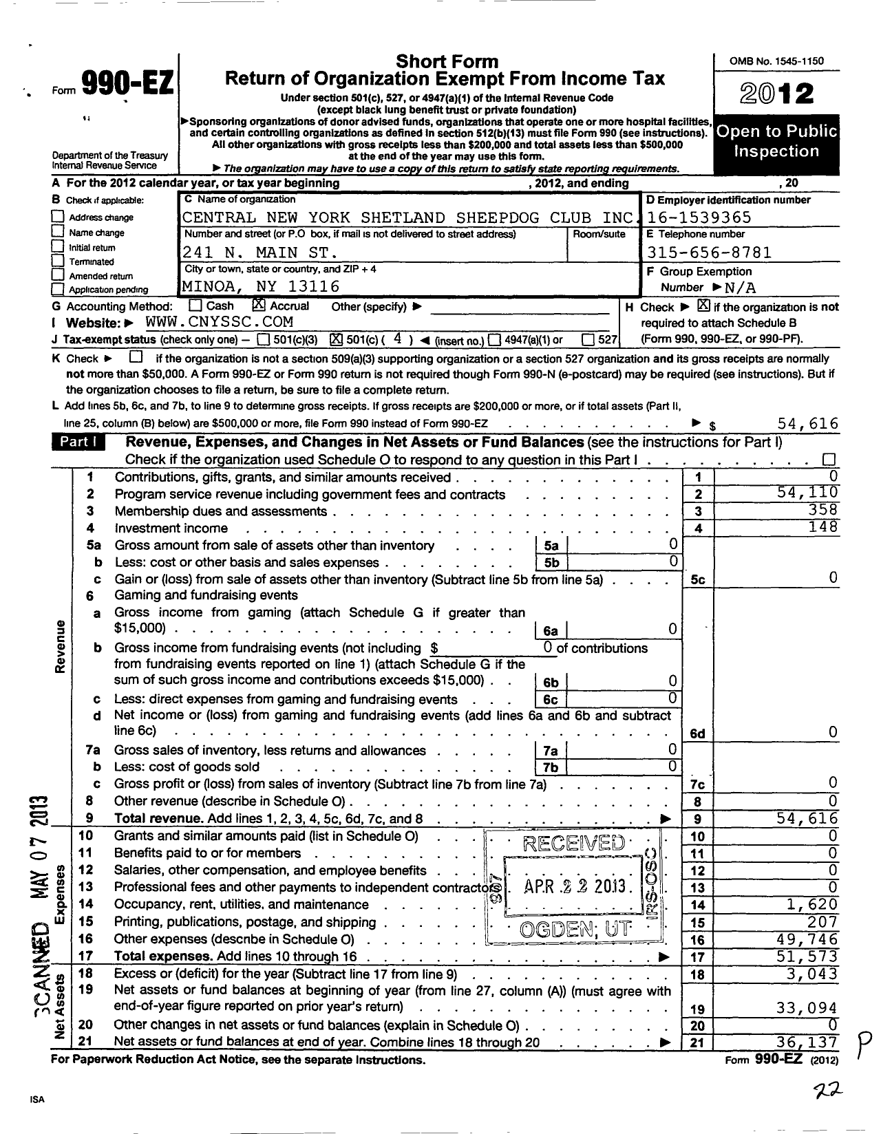 Image of first page of 2012 Form 990EO for Central New York Shetland Sheepdog Club