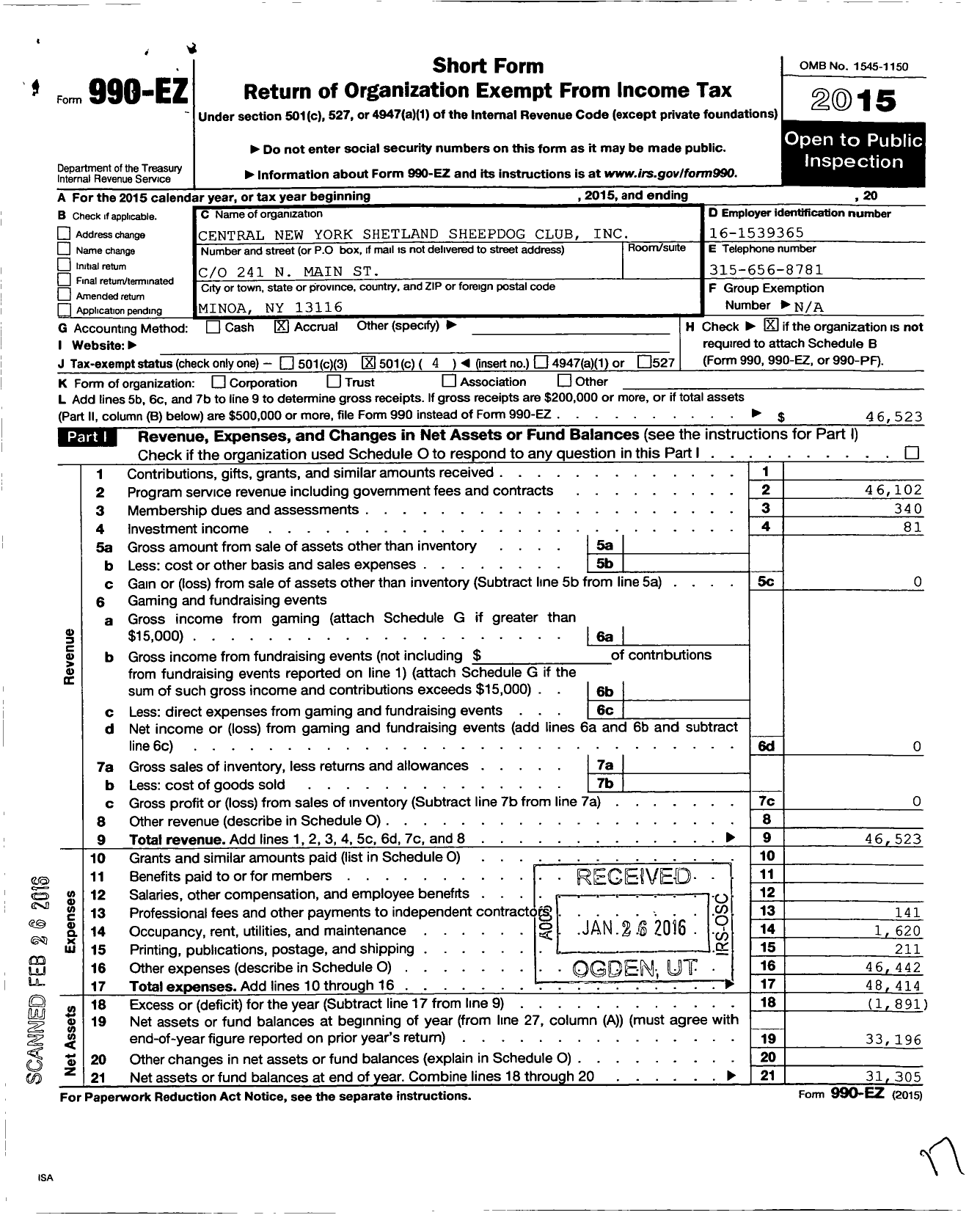 Image of first page of 2015 Form 990EO for Central New York Shetland Sheepdog Club