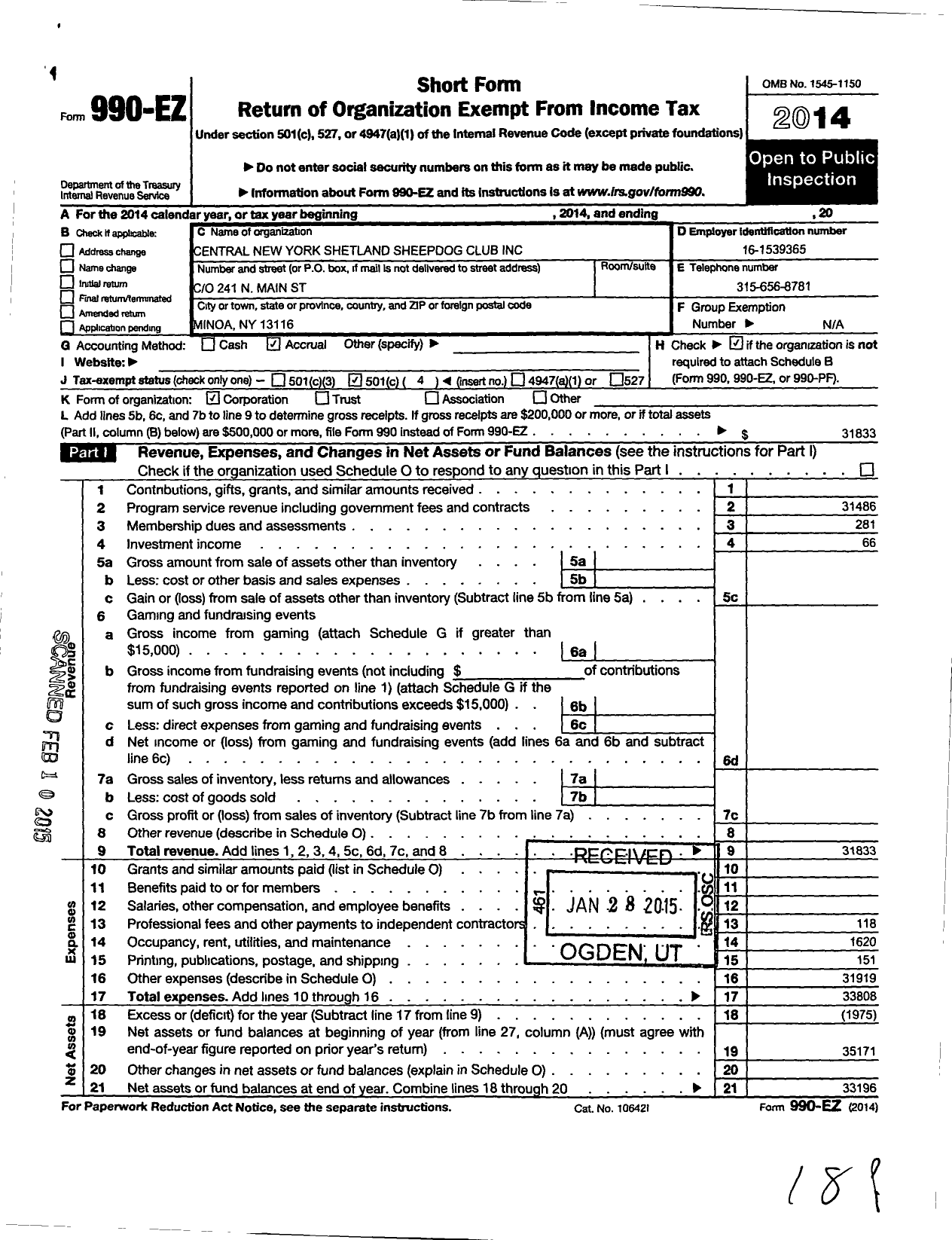 Image of first page of 2014 Form 990EO for Central New York Shetland Sheepdog Club