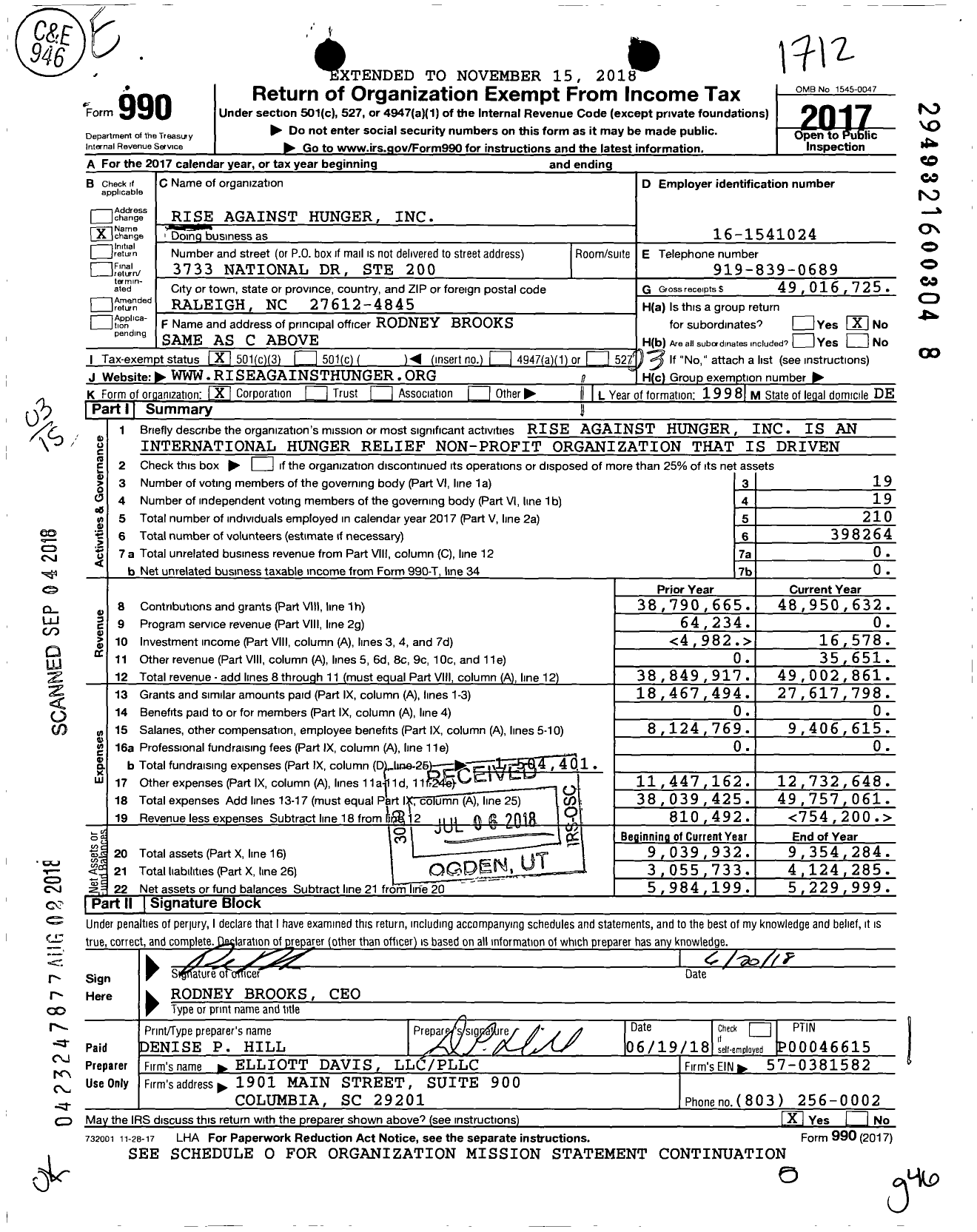 Image of first page of 2017 Form 990 for Rise Against Hunger