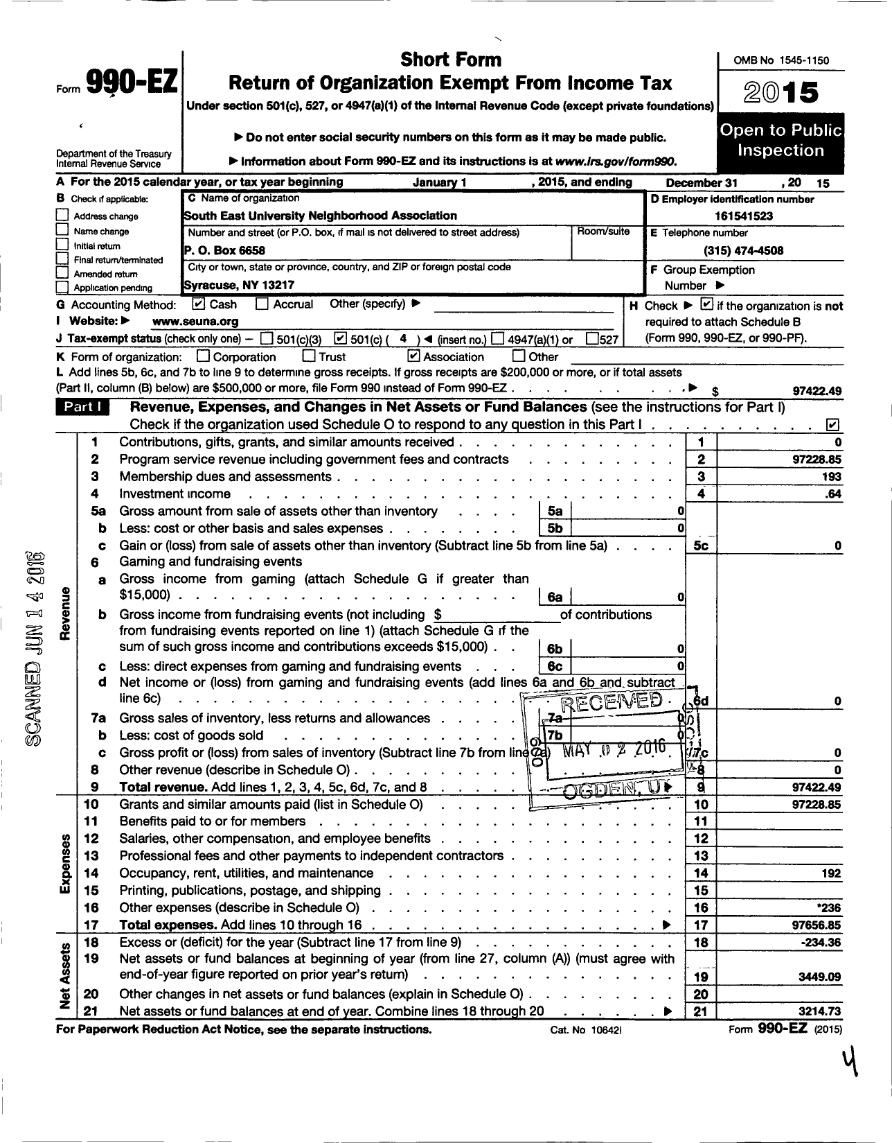 Image of first page of 2015 Form 990EO for Southeast University Neighborhood Association Seuna