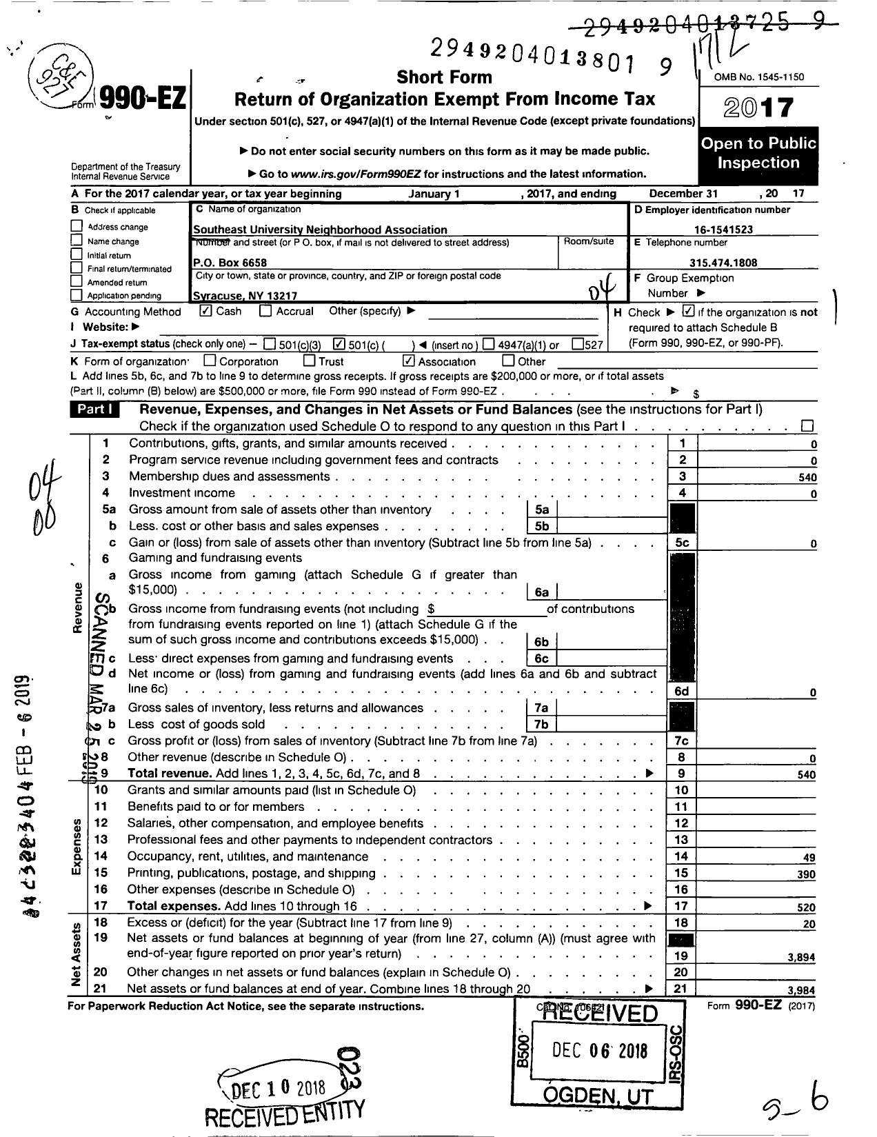 Image of first page of 2017 Form 990EO for Southeast University Neighborhood Association Seuna