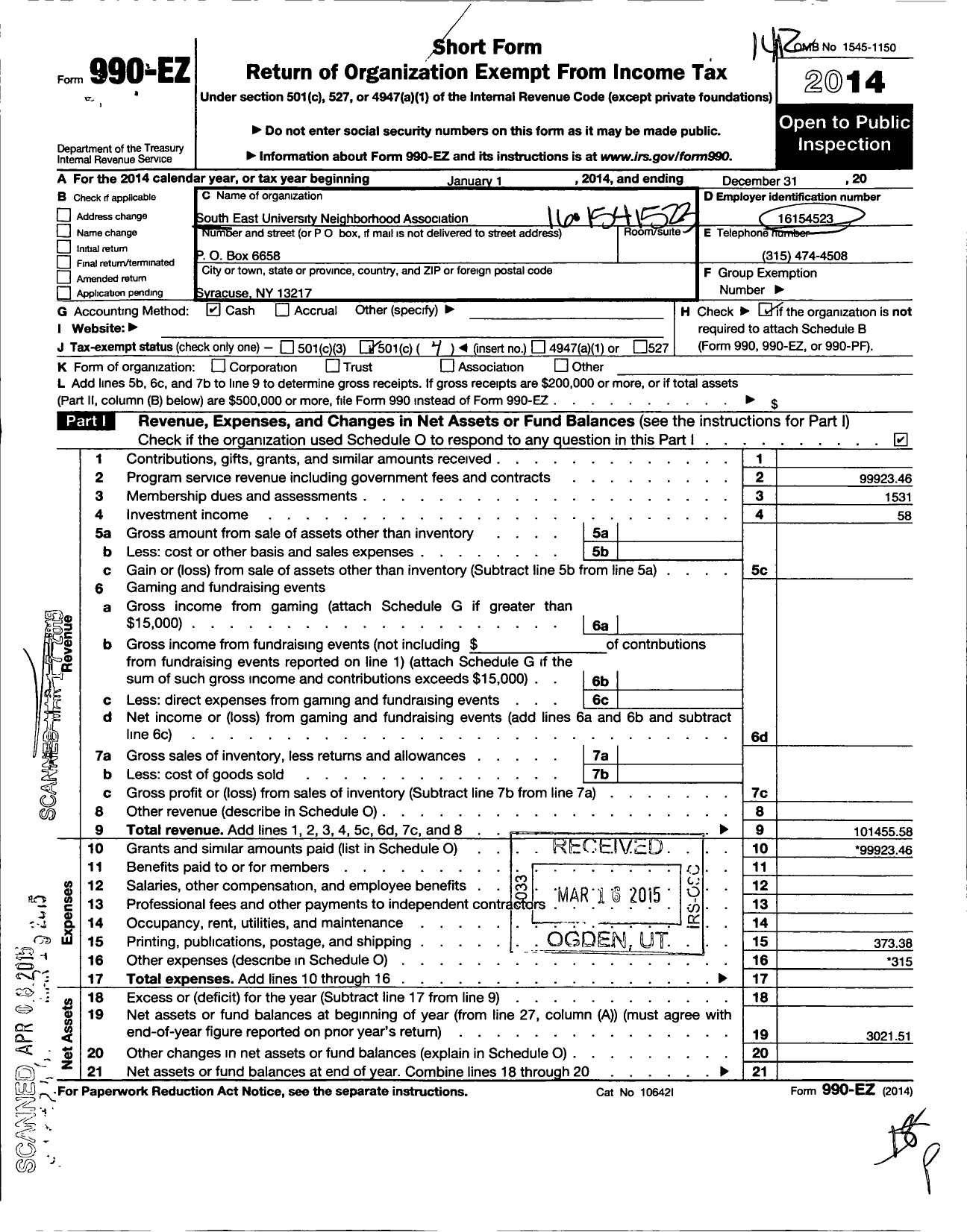 Image of first page of 2014 Form 990EO for Southeast University Neighborhood Association Seuna