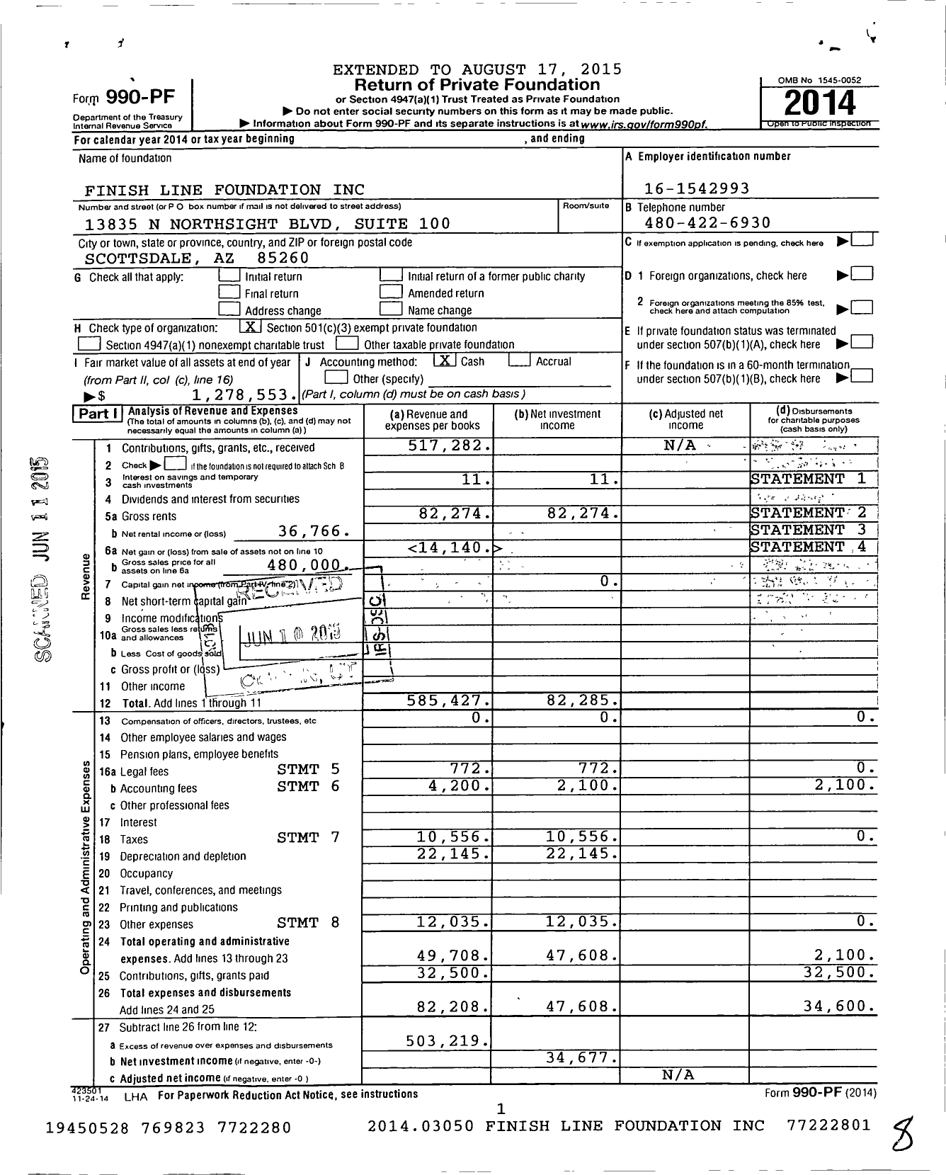 Image of first page of 2014 Form 990PF for Finish Line Foundation