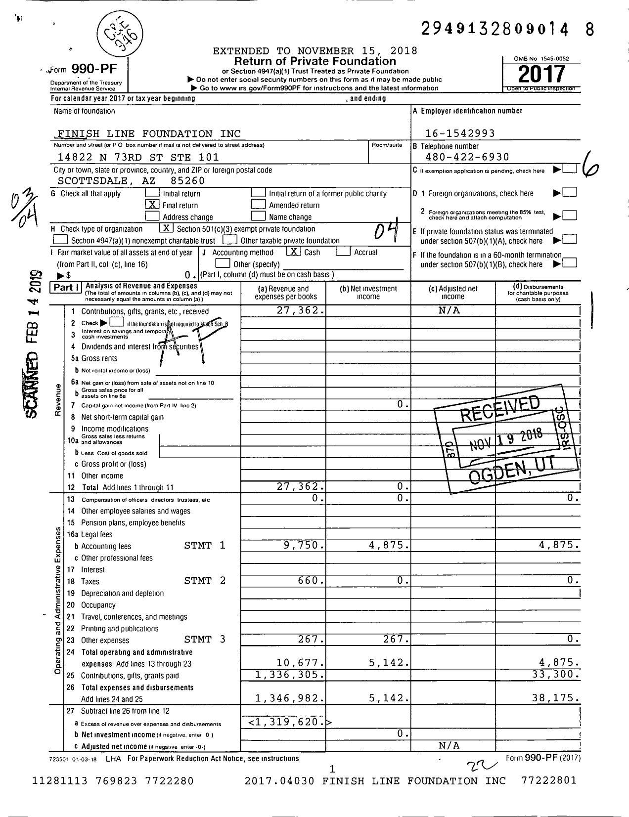 Image of first page of 2017 Form 990PF for Finish Line Foundation