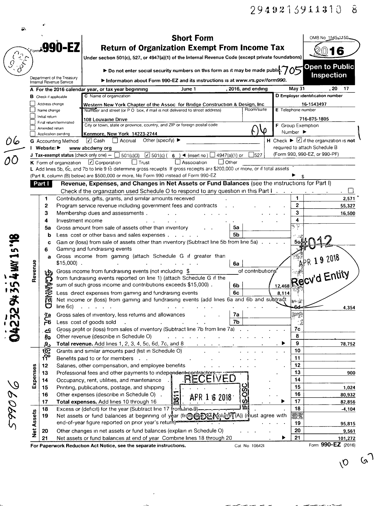 Image of first page of 2016 Form 990EO for Western New York Chapter of the Association for Bridge Construction and Design