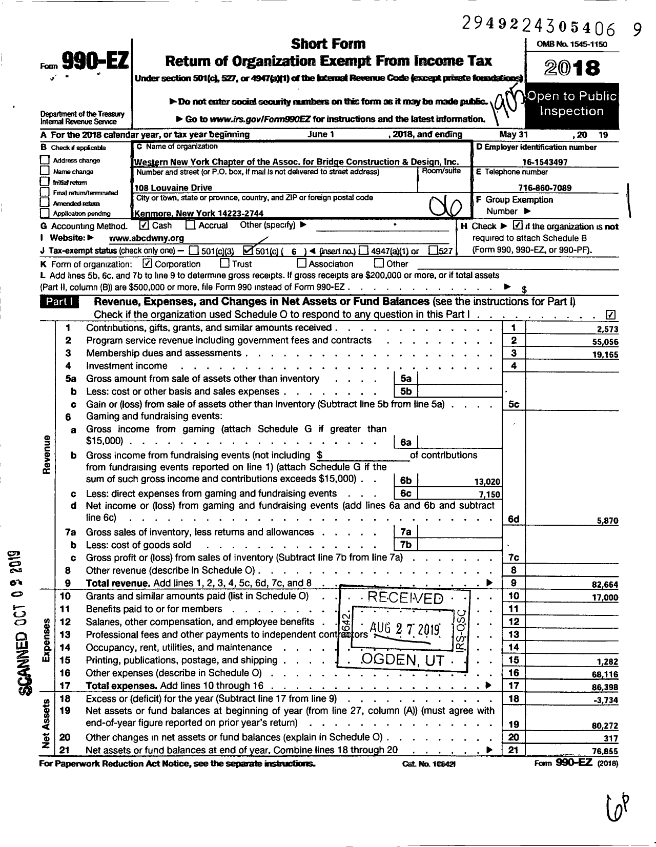 Image of first page of 2018 Form 990EO for Western New York Chapter of the Association for Bridge Construction and Design