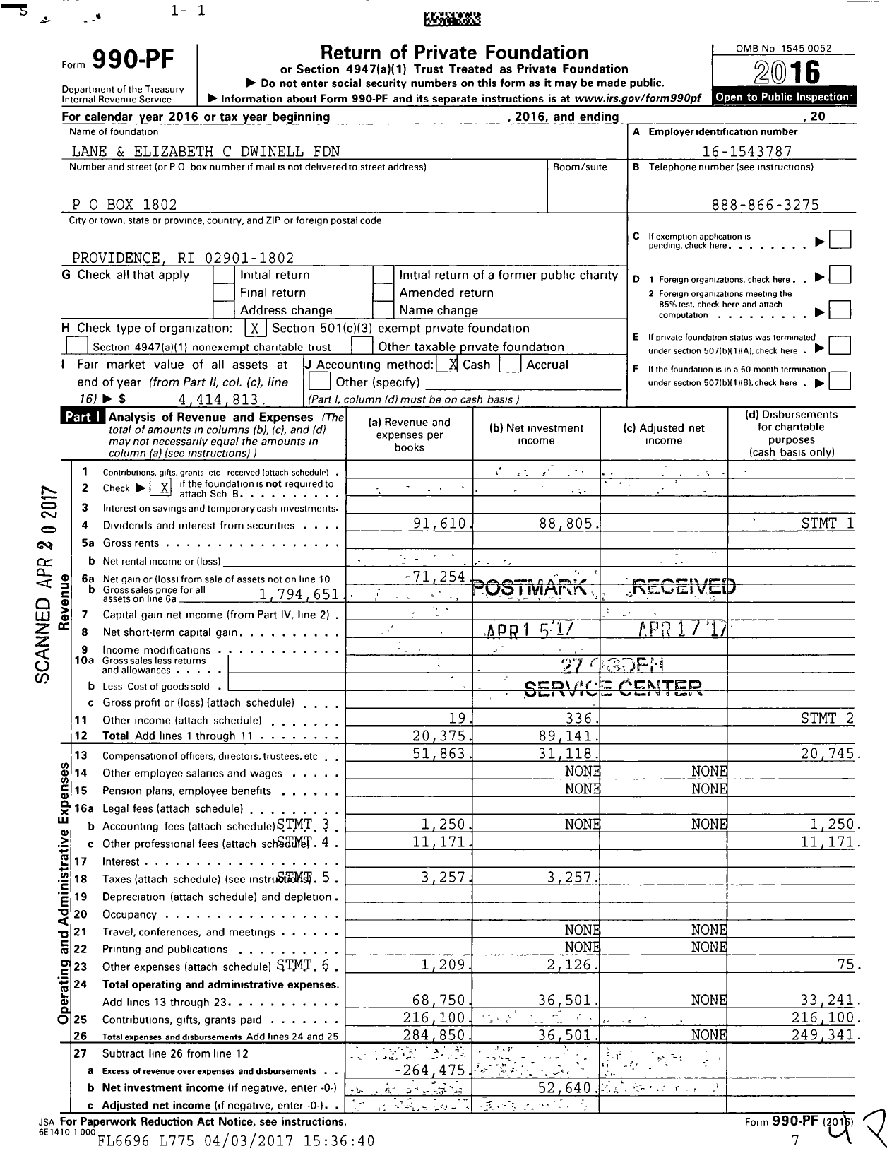 Image of first page of 2016 Form 990PF for Lane and Elizabeth C Dwinell Foundation