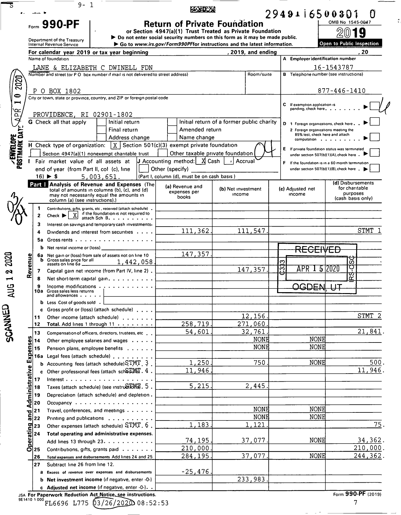 Image of first page of 2019 Form 990PR for Lane and Elizabeth C Dwinell Foundation