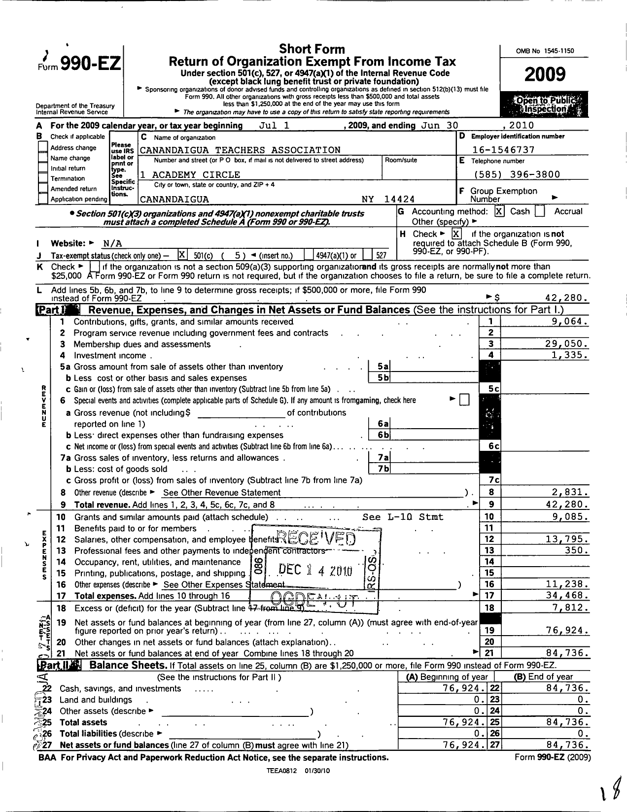 Image of first page of 2009 Form 990EO for American Federation of Teachers - 2534 Canadaigua Teachers Associatio