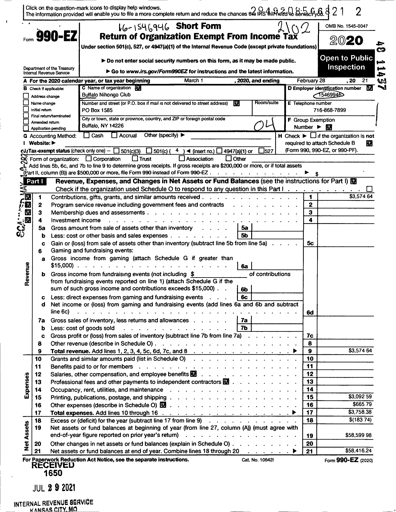 Image of first page of 2020 Form 990EO for Buffalo Nihongo Club