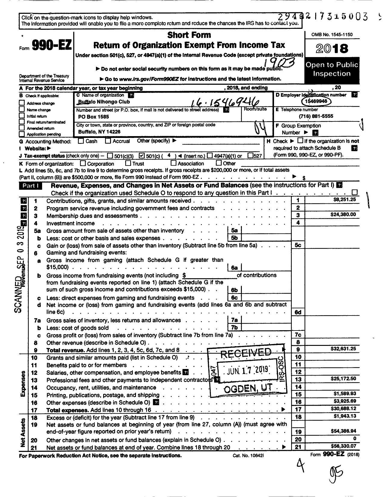 Image of first page of 2018 Form 990EO for Buffalo Nihongo Club