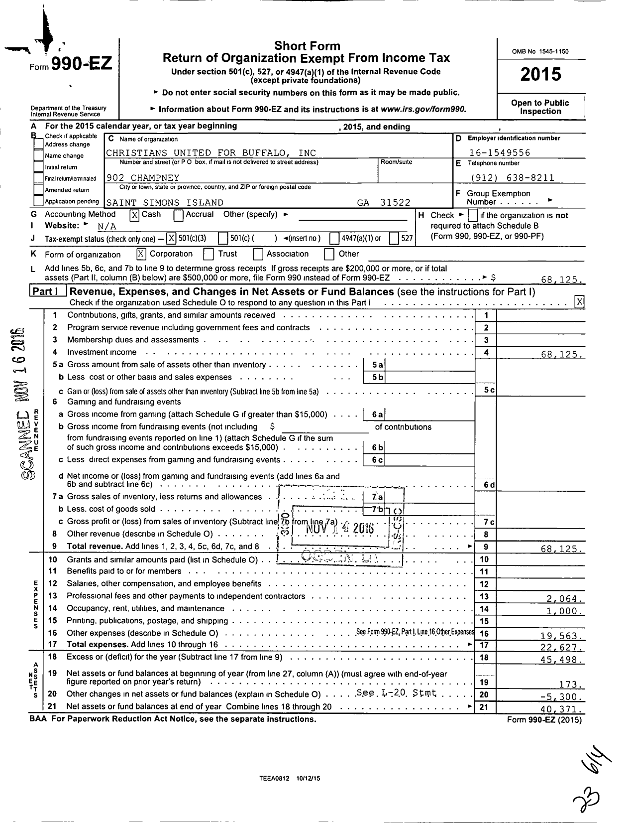 Image of first page of 2015 Form 990EZ for Christians United for Buffalo