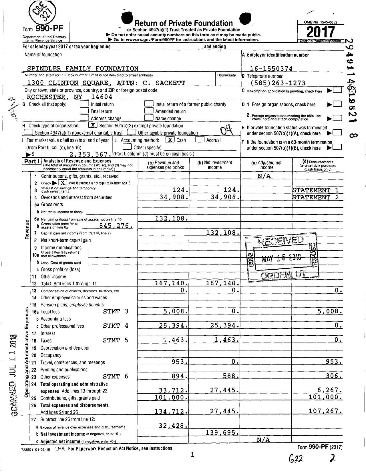 Image of first page of 2017 Form 990PF for Spindler Family Foundation