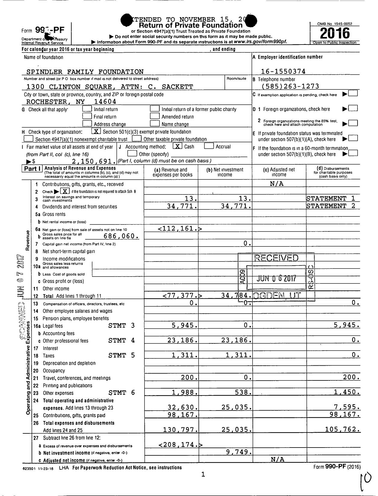 Image of first page of 2016 Form 990PF for Spindler Family Foundation