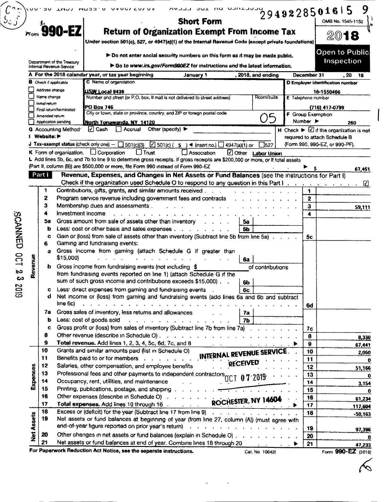 Image of first page of 2018 Form 990EO for United Steelworkers - 09436 Local