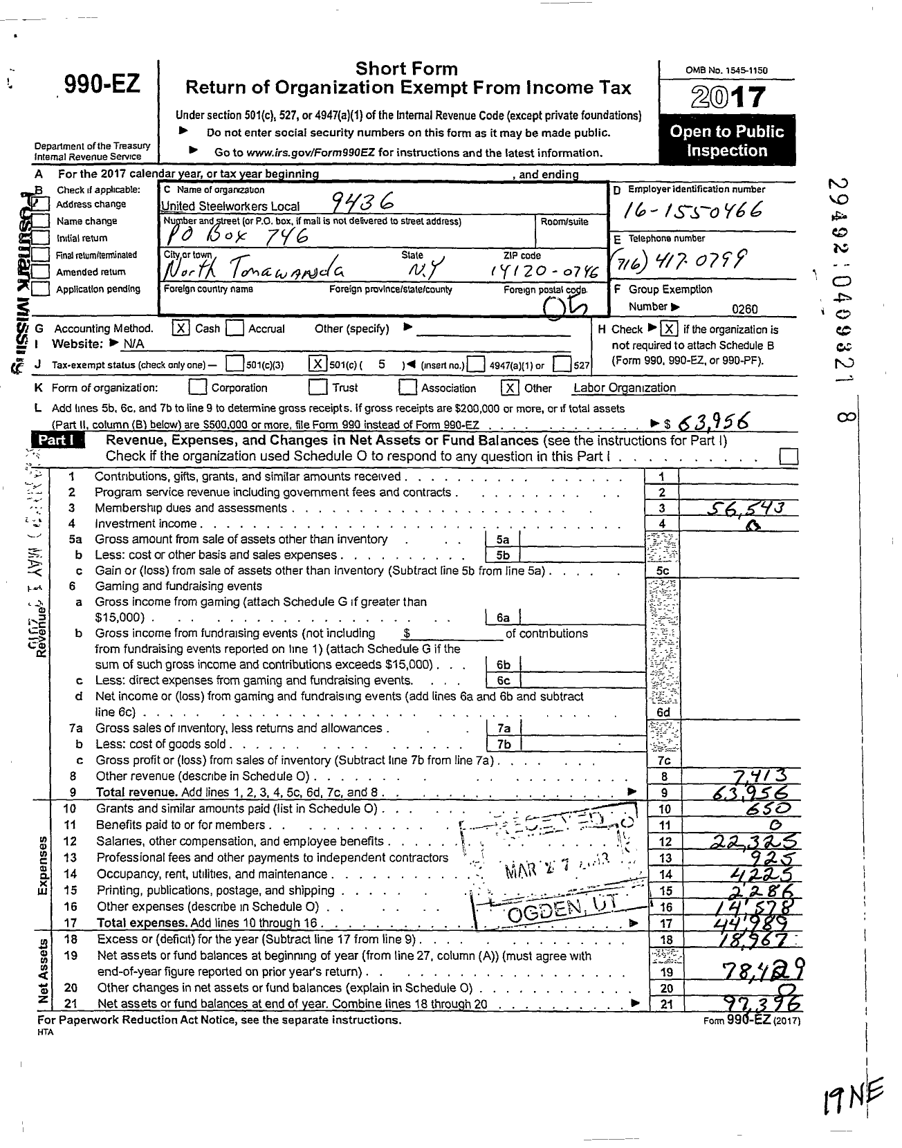 Image of first page of 2017 Form 990EO for United Steelworkers - 09436 Local