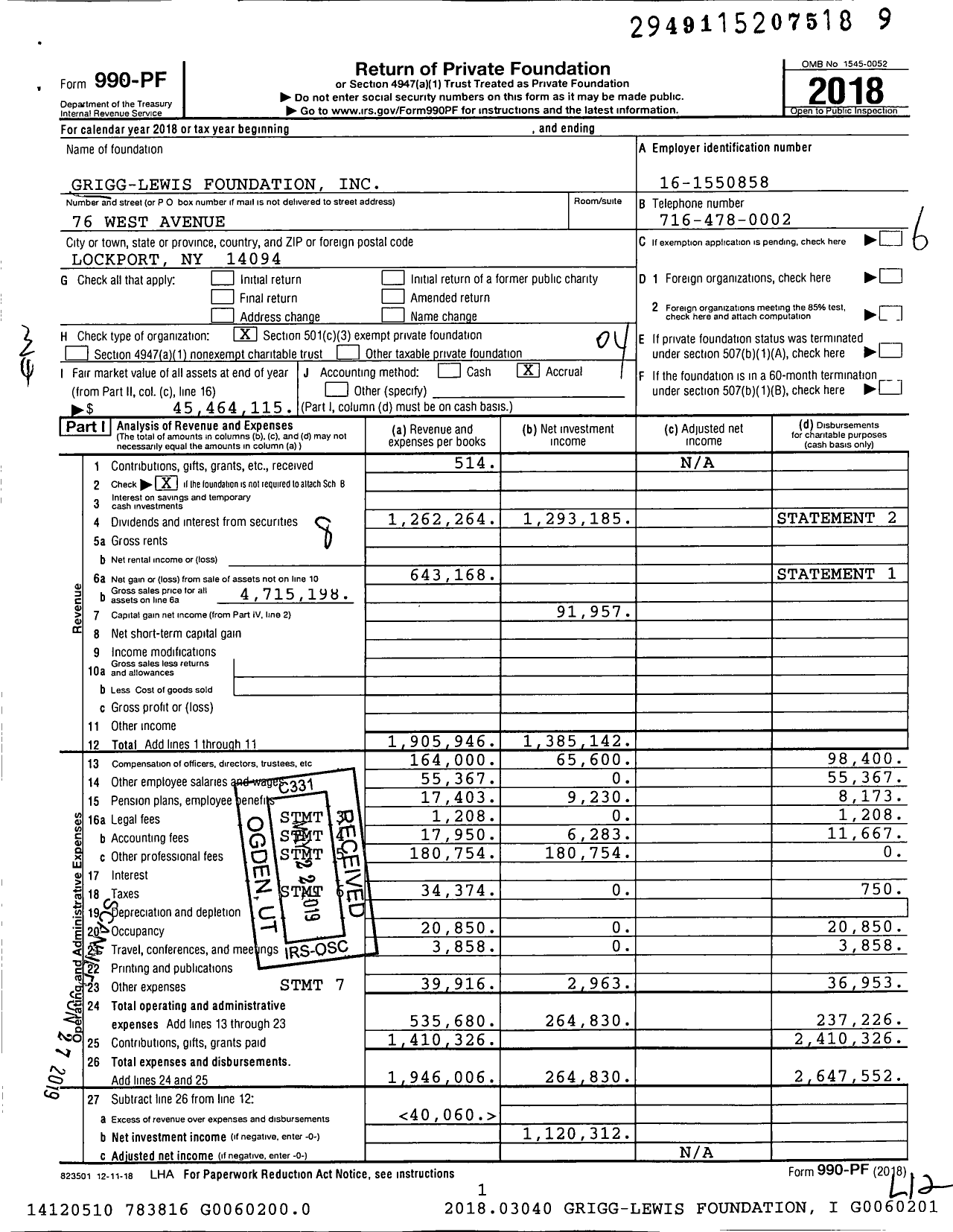 Image of first page of 2018 Form 990PF for Grigg-Lewis Foundation