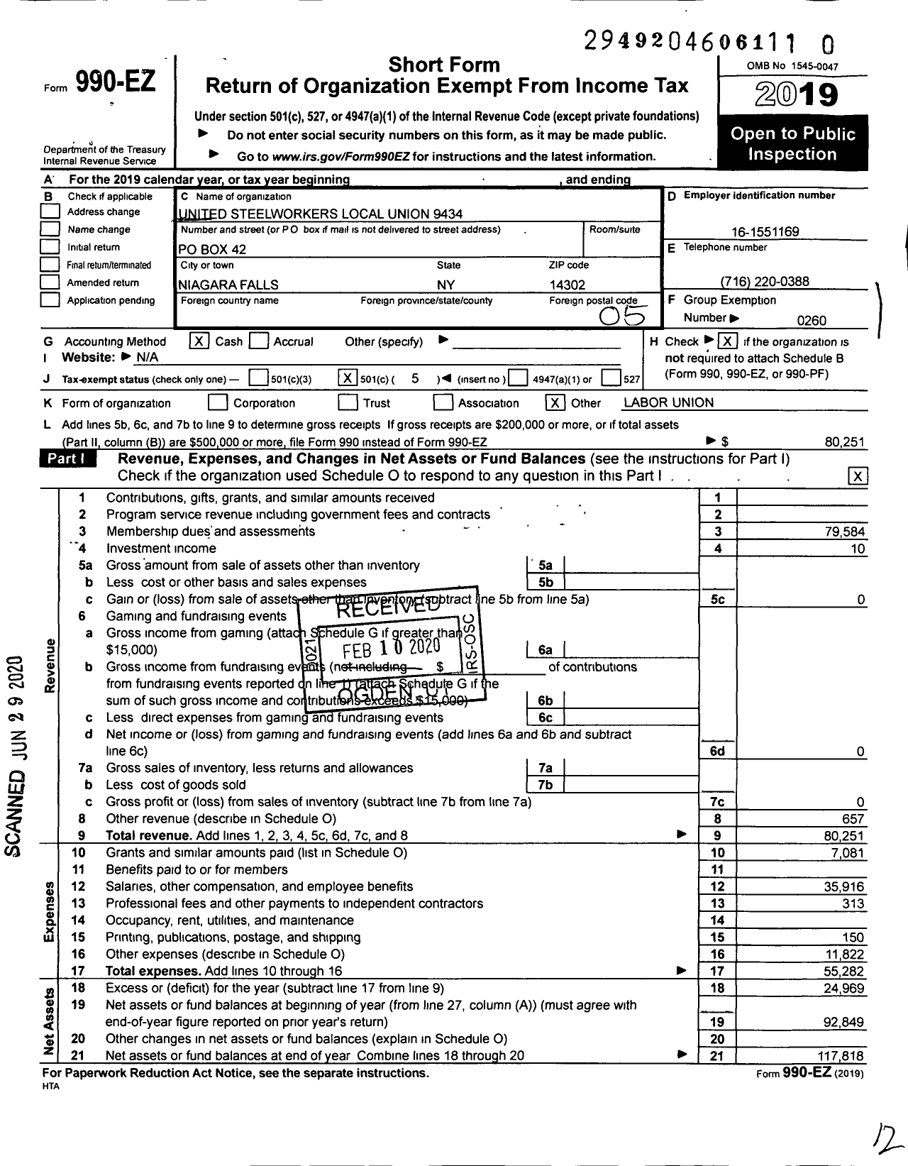 Image of first page of 2019 Form 990EO for United Steelworkers - 09434 Local