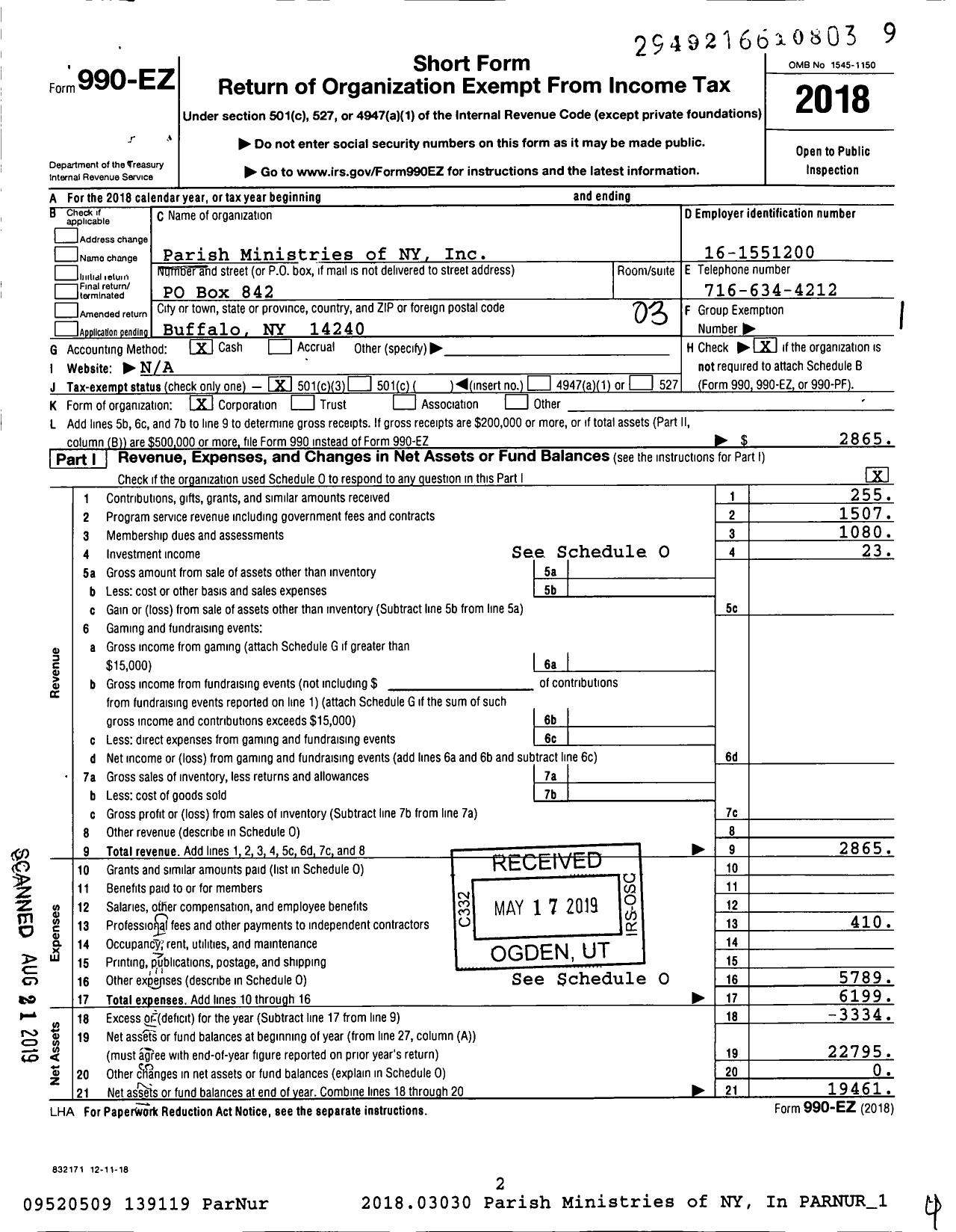 Image of first page of 2018 Form 990EZ for Parish Ministries of NY