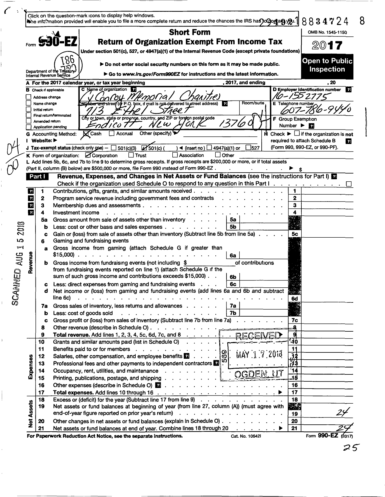 Image of first page of 2017 Form 990EO for Cy Conroy Memorial Charities