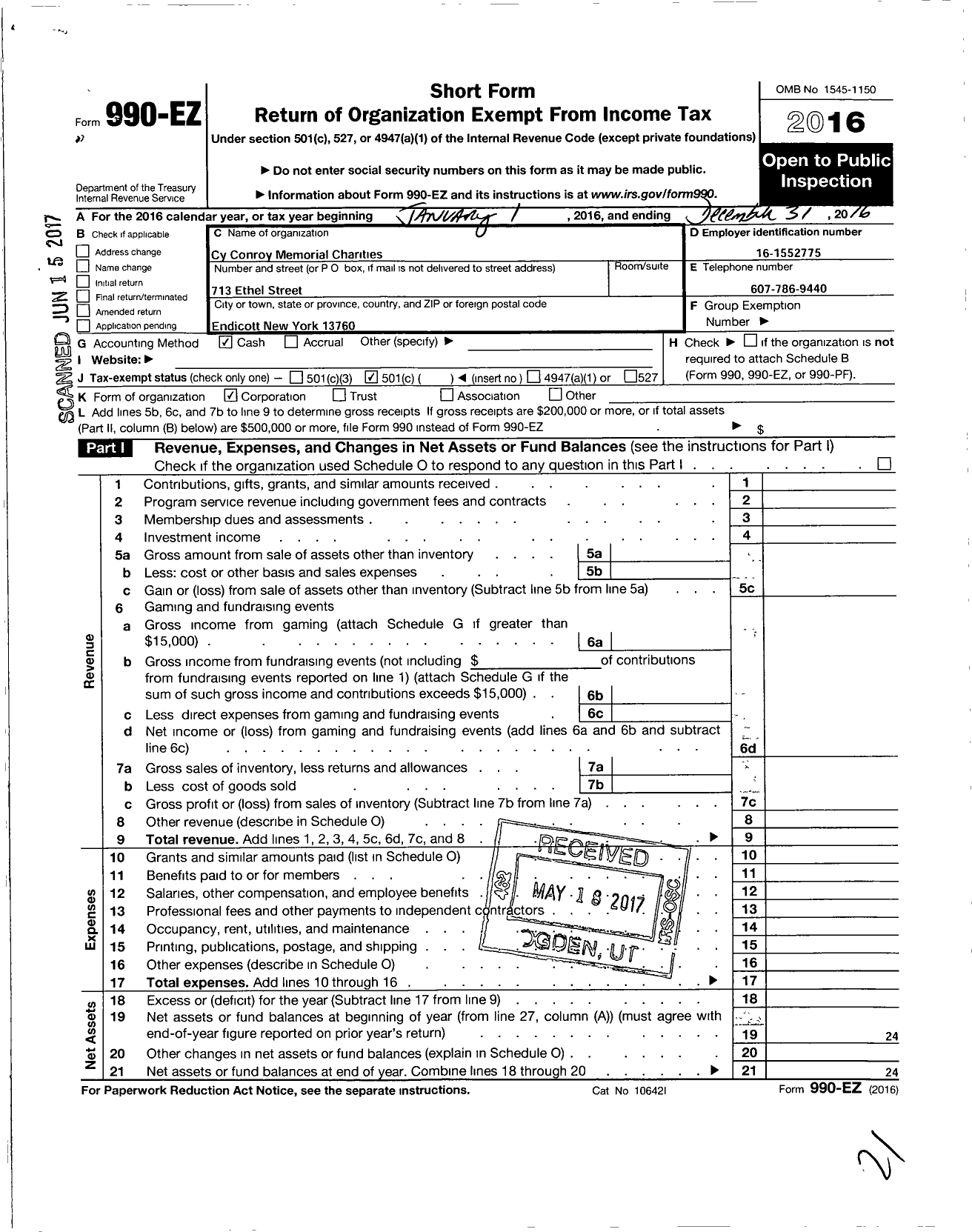 Image of first page of 2016 Form 990EO for Cy Conroy Memorial Charities