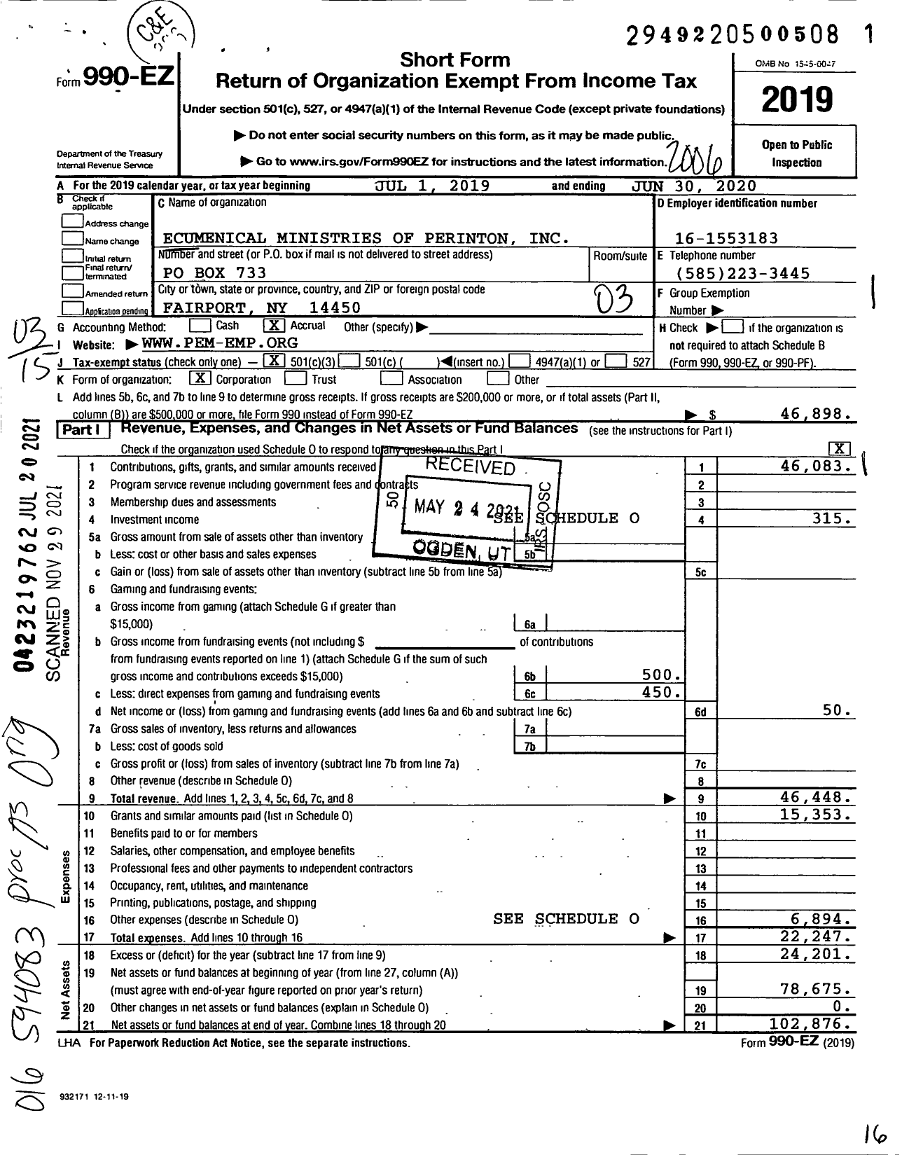 Image of first page of 2019 Form 990EZ for Ecumenical Ministries of Perinton