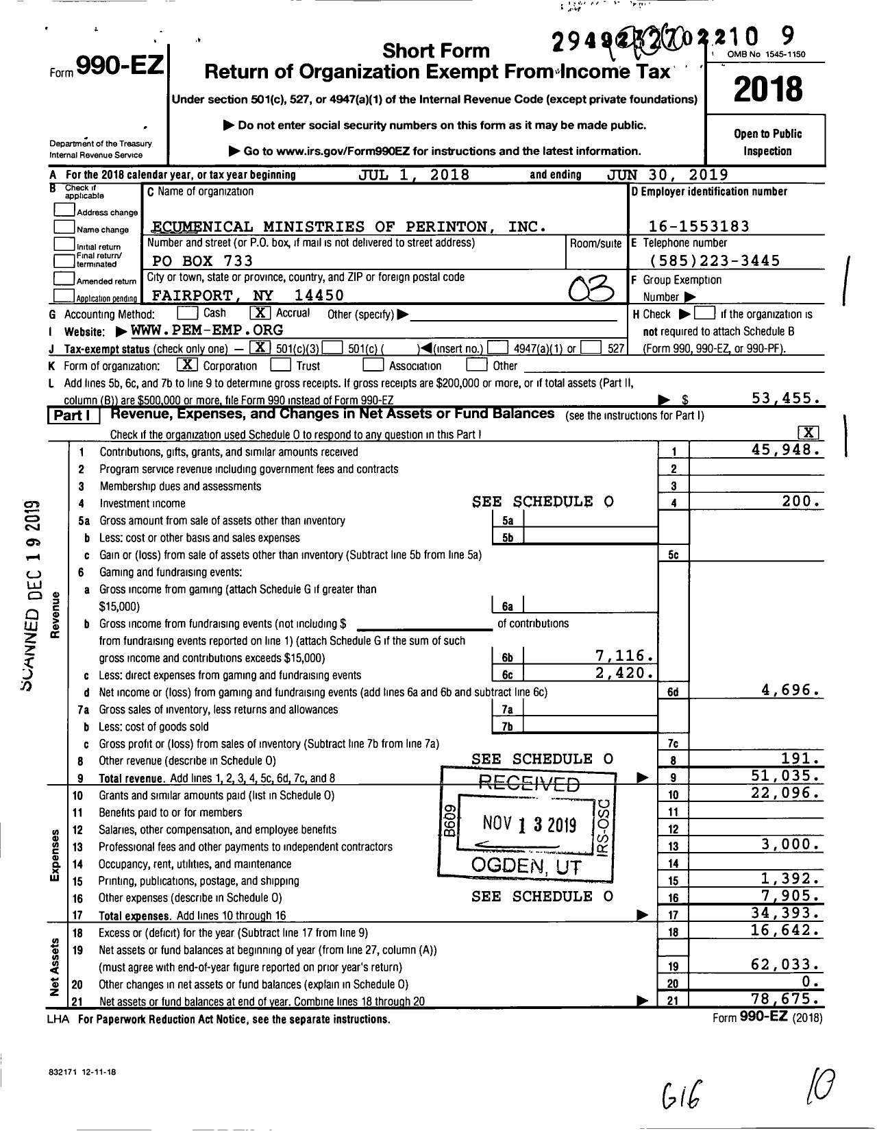 Image of first page of 2018 Form 990EZ for Ecumenical Ministries of Perinton