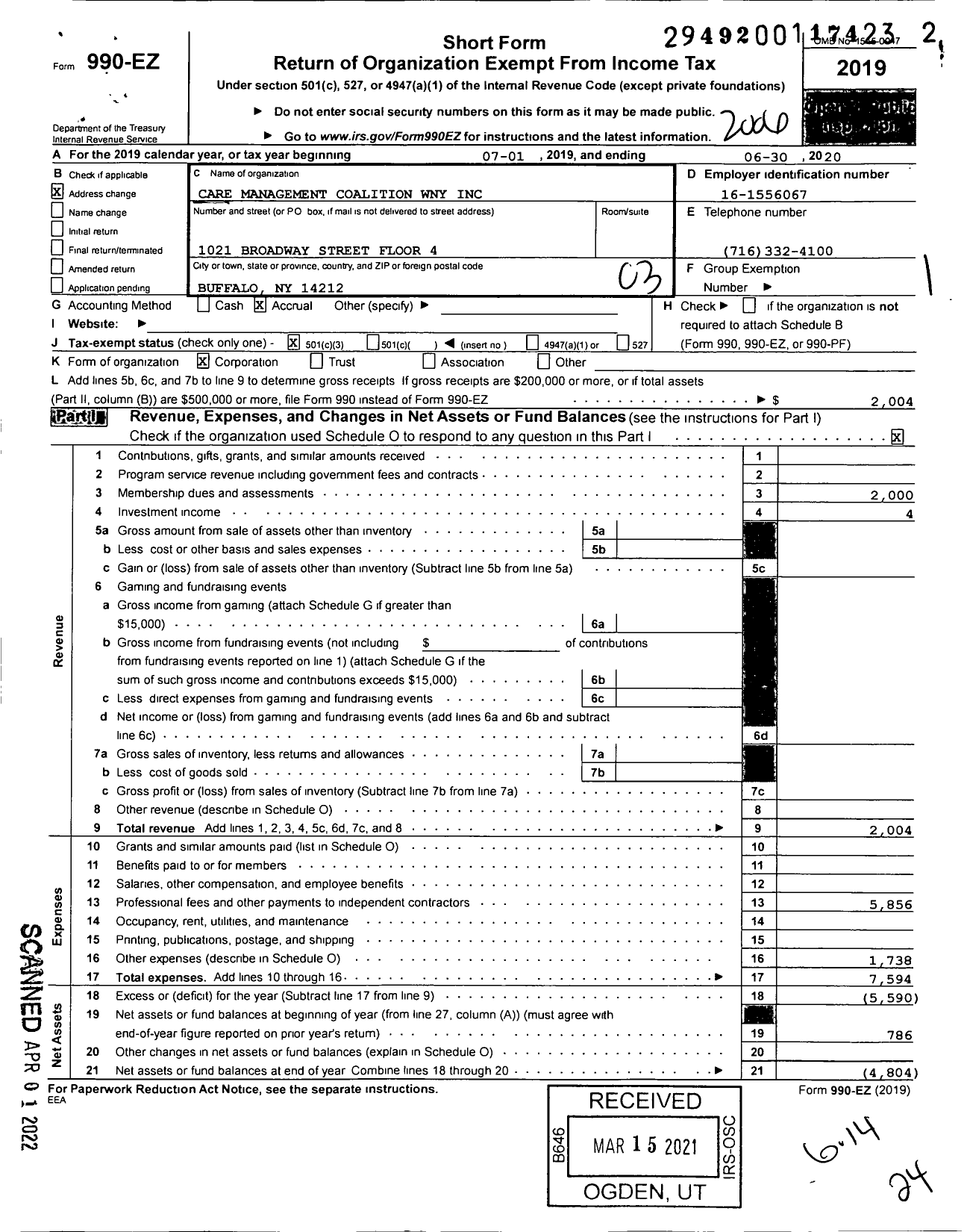 Image of first page of 2019 Form 990EZ for Care Management Coalition of Western New York