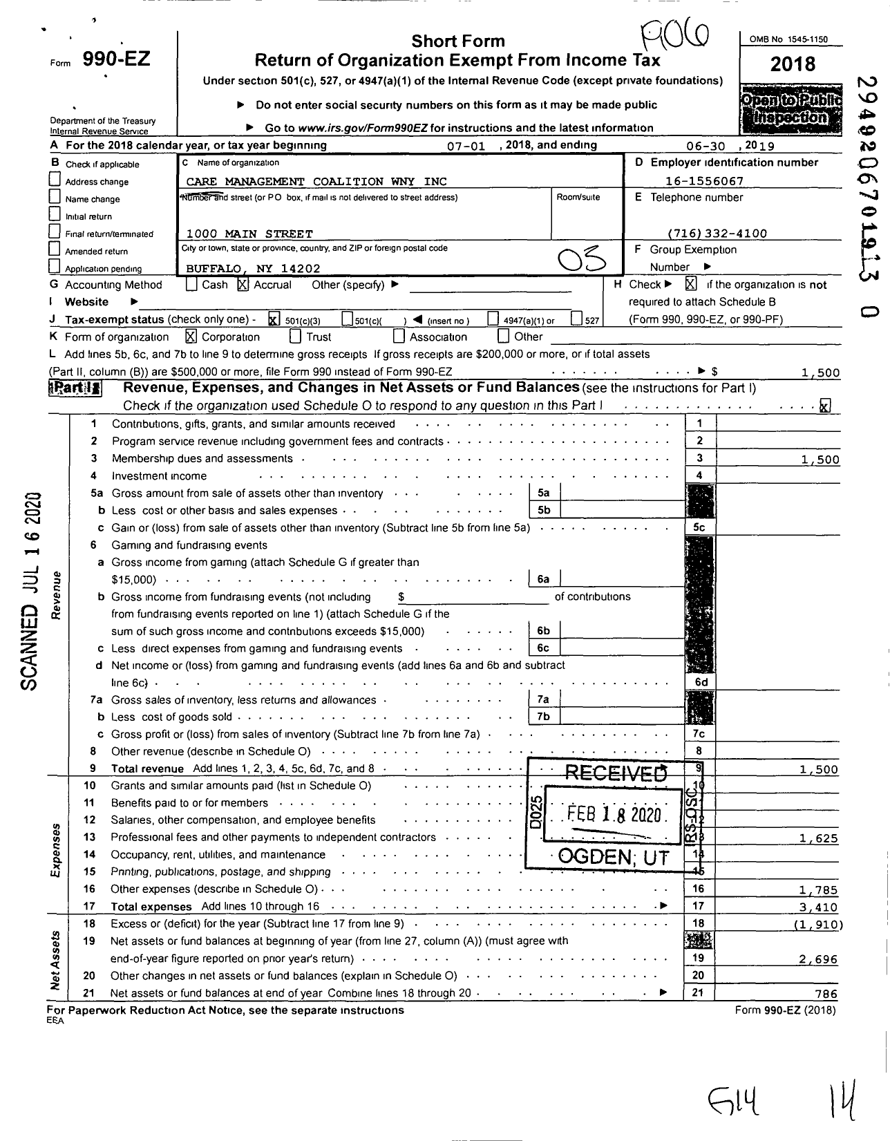 Image of first page of 2018 Form 990EZ for Care Management Coalition of Western New York