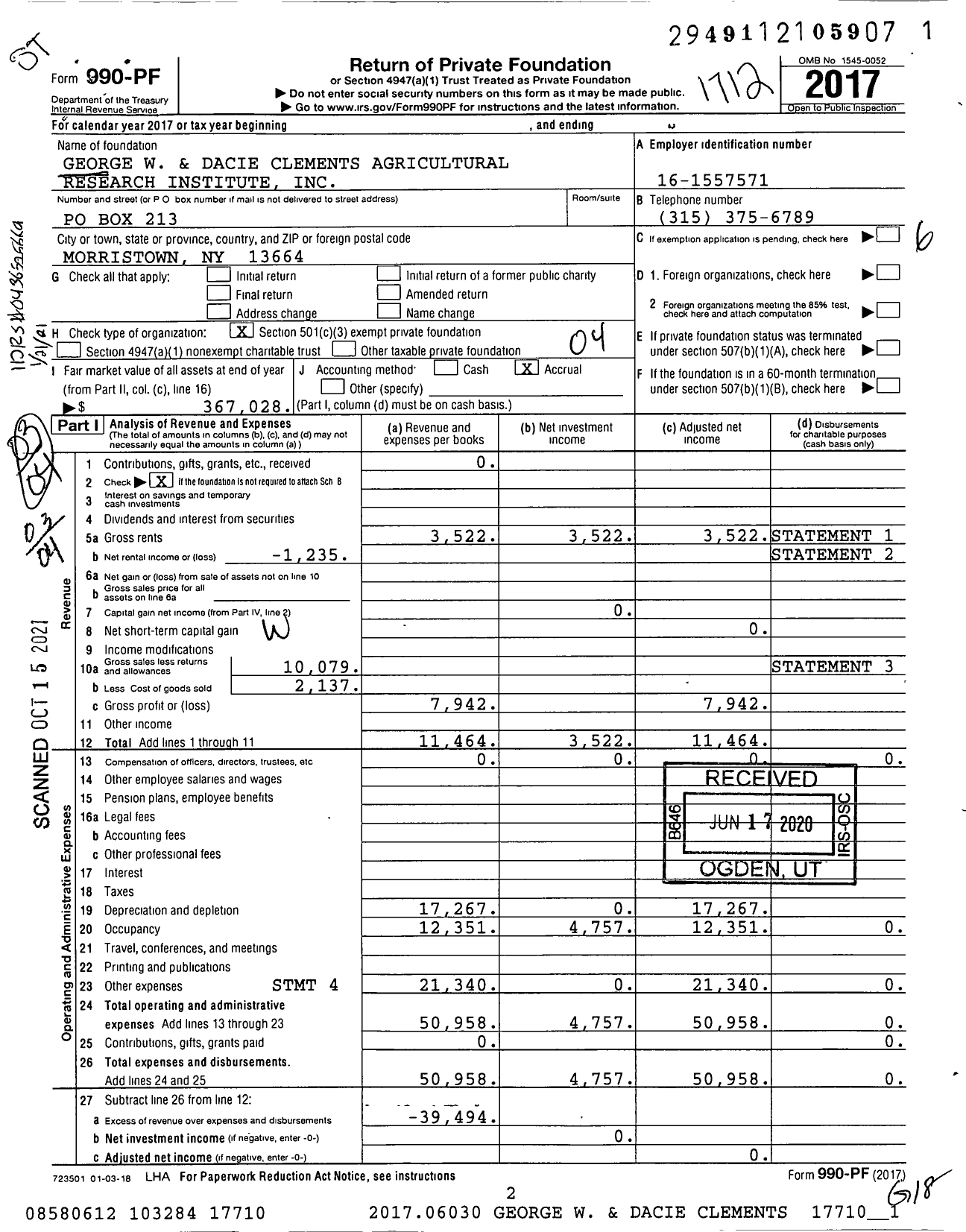 Image of first page of 2017 Form 990PF for George W and Dacie Clements Agricultural Research Institute