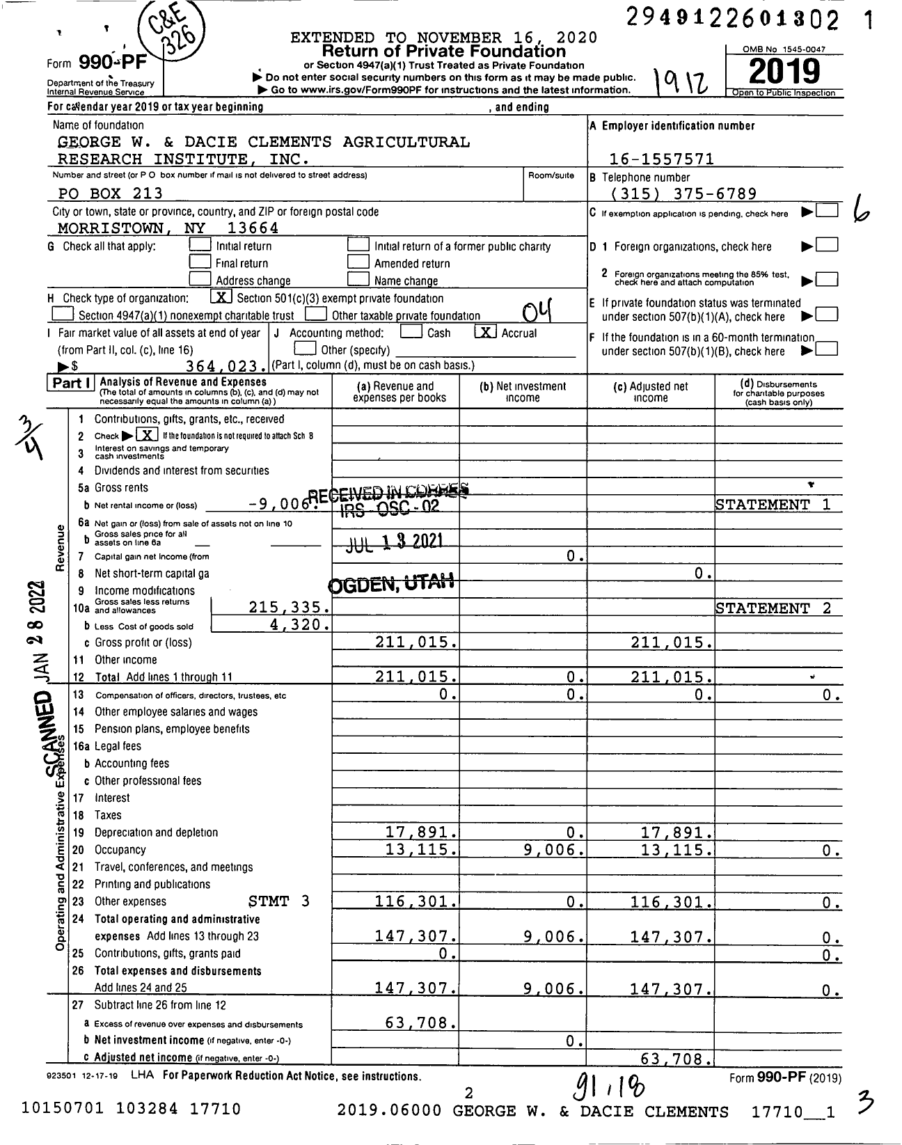 Image of first page of 2019 Form 990PF for George W and Dacie Clements Agricultural Research Institute