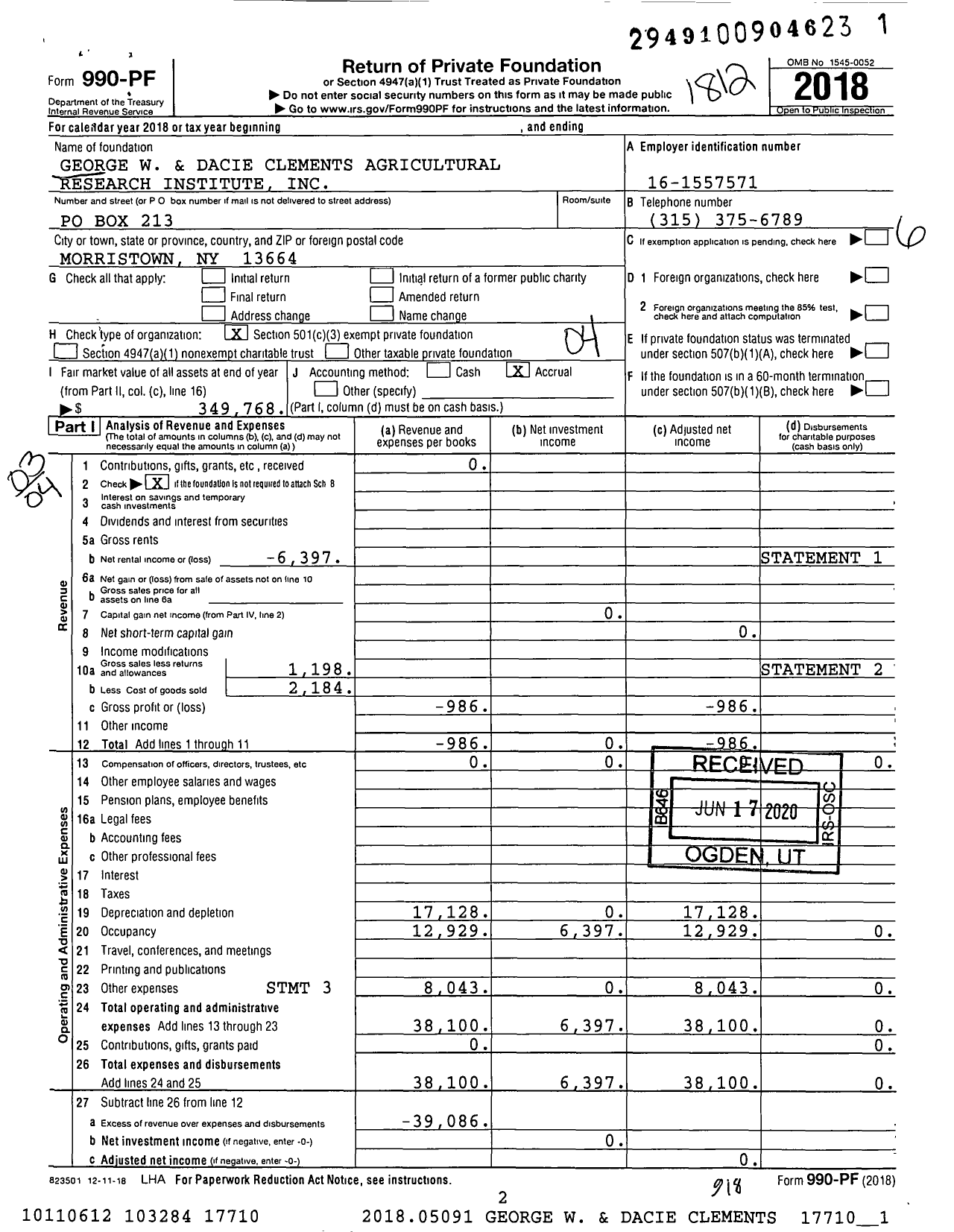 Image of first page of 2018 Form 990PF for George W and Dacie Clements Agricultural Research Institute